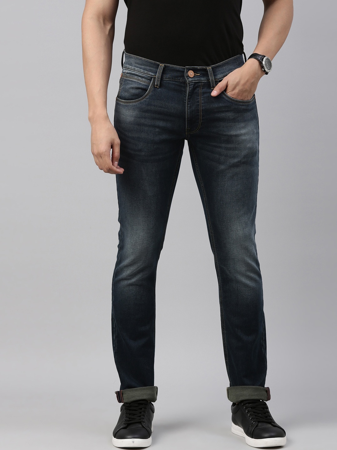 

American Bull Men Blue Skinny Fit Low Distress Light Fade Jeans