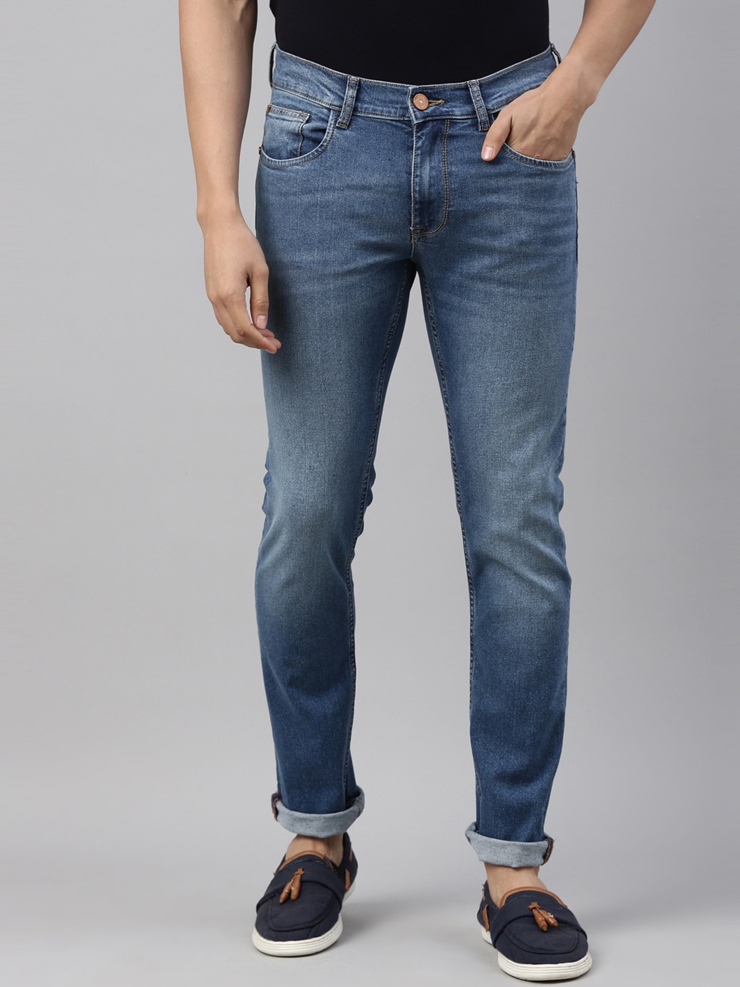 

American Bull Men Blue Slim Fit Low Distress Light Fade Jeans