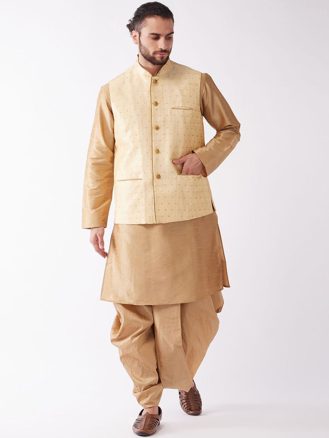 

VASTRAMAY Men Gold Banarasi Nehru Jacket With Kurta with Dhoti Pants