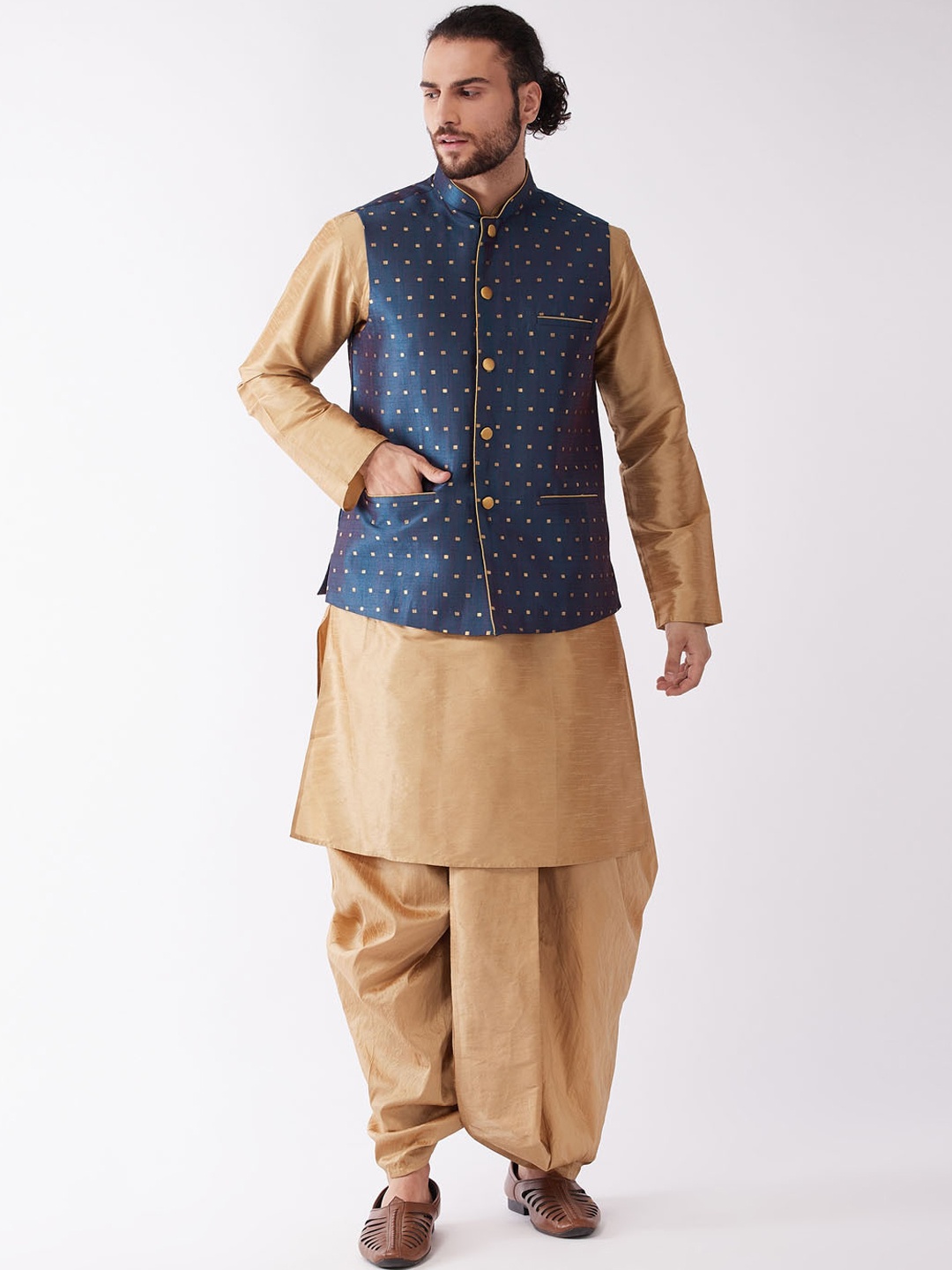 

VASTRAMAY Men Rose Gold Layered Kurta with Dhoti Pants