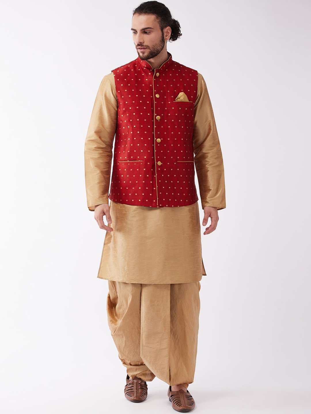 

VASTRAMAY Men Rose Gold Layered Kurta with Dhoti Pants