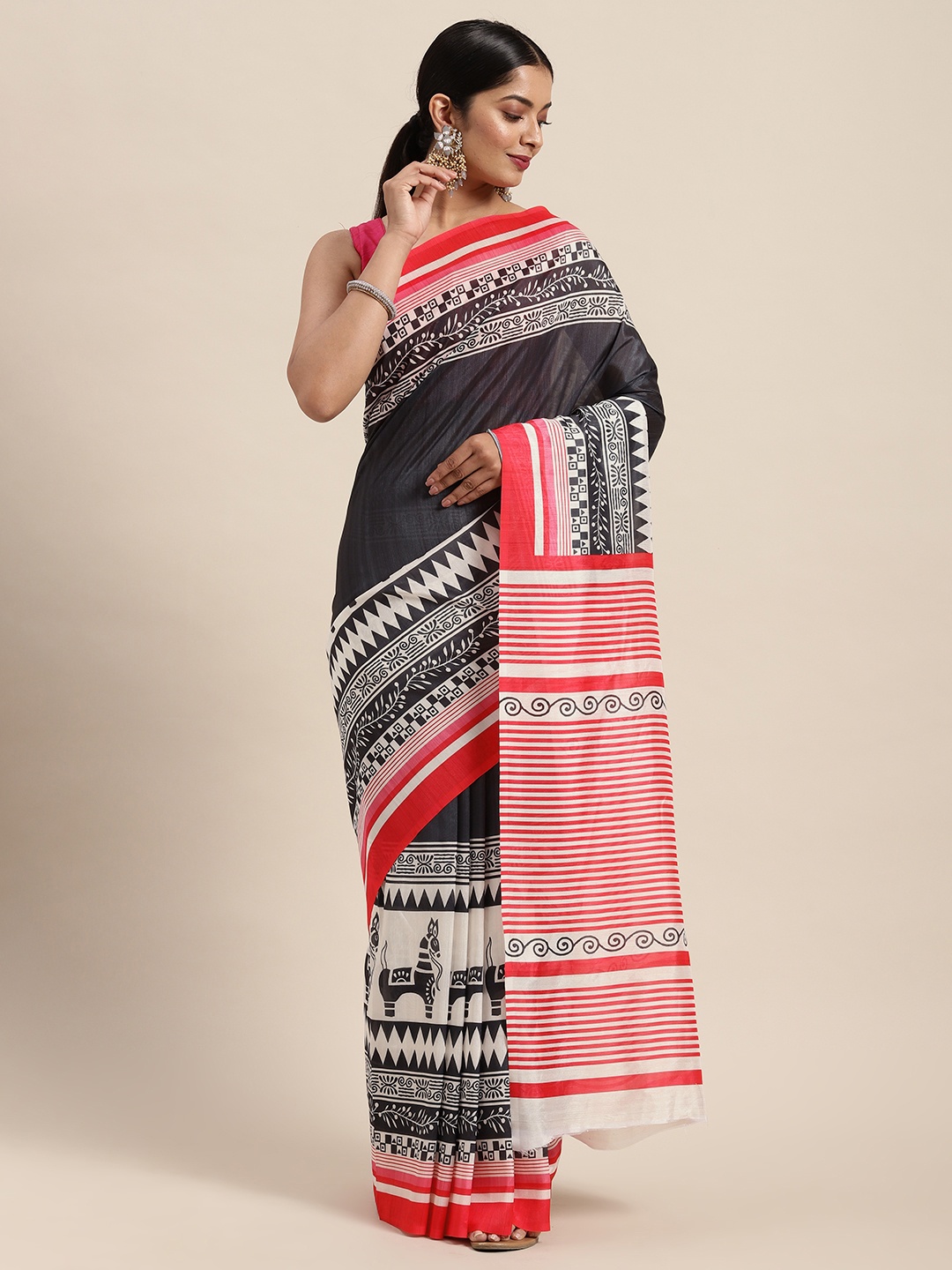 

cbazaar Black & Red Ethnic Motifs Silk Cotton Saree