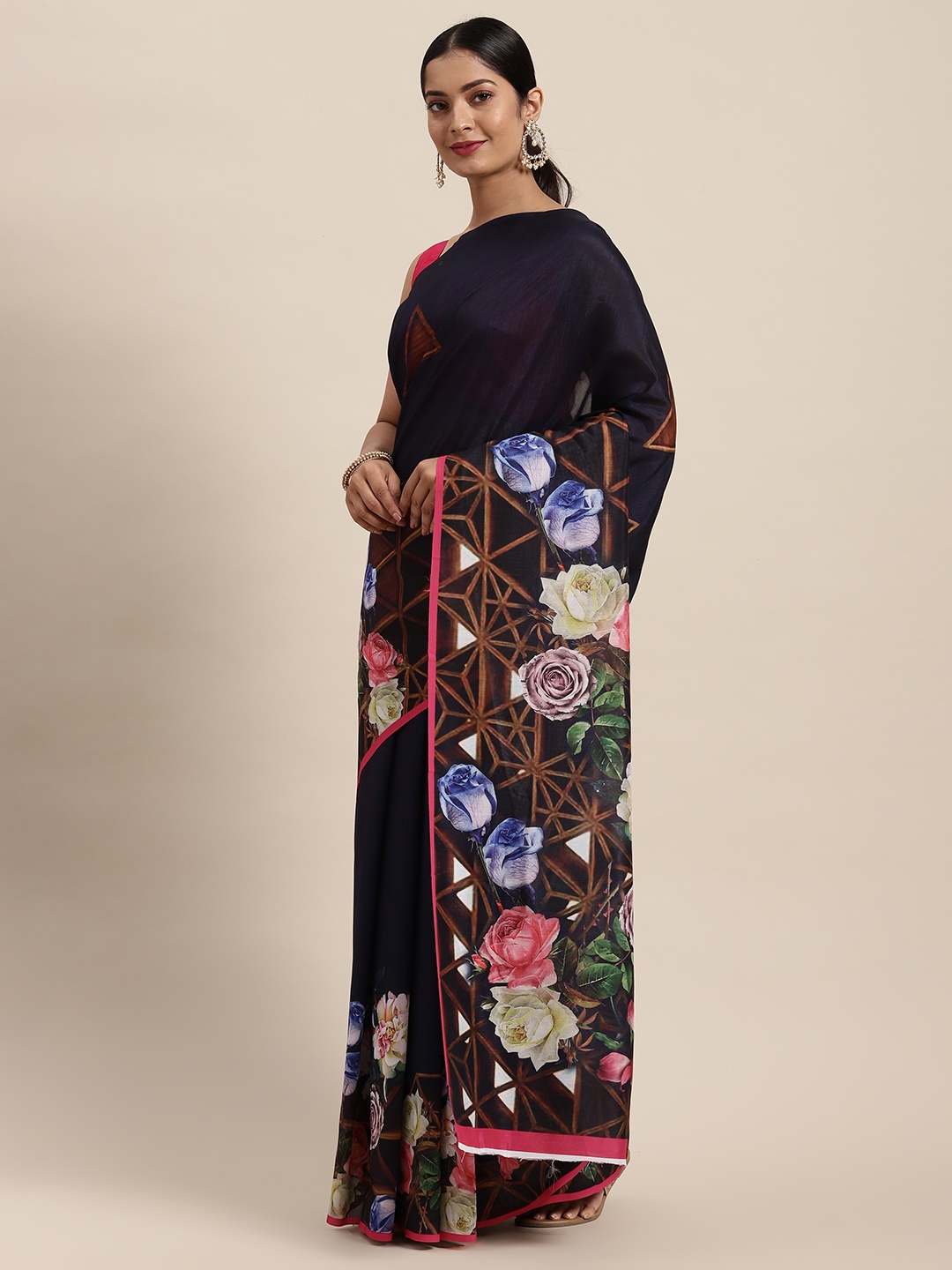 

cbazaar Black Floral Silk Cotton Saree