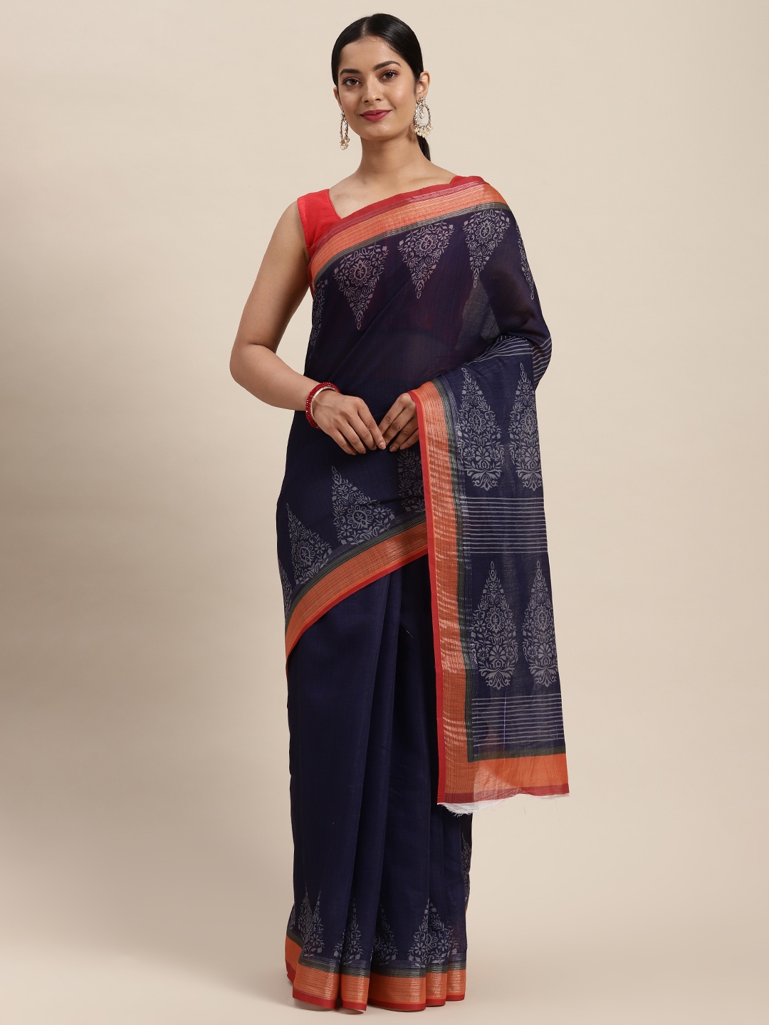 

cbazaar Blue & Red Ethnic Motifs Saree