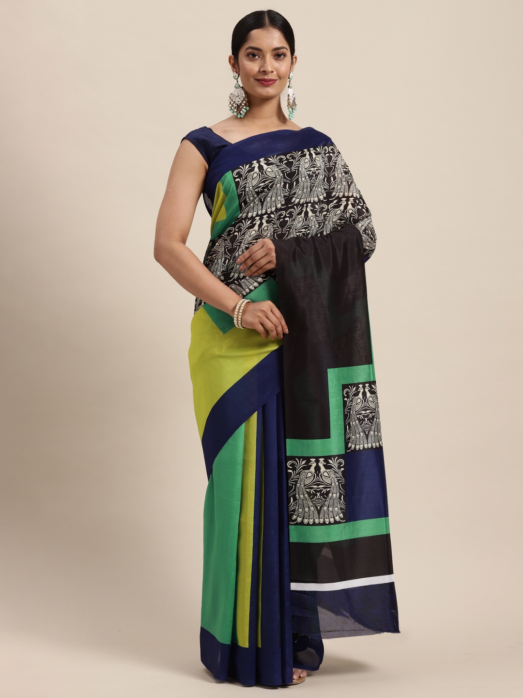 

cbazaar Black & Yellow Ethnic Motifs Silk Cotton Saree