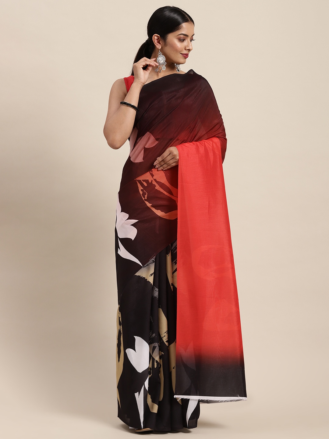 

cbazaar Black & Red Floral Printed Silk Cotton Saree