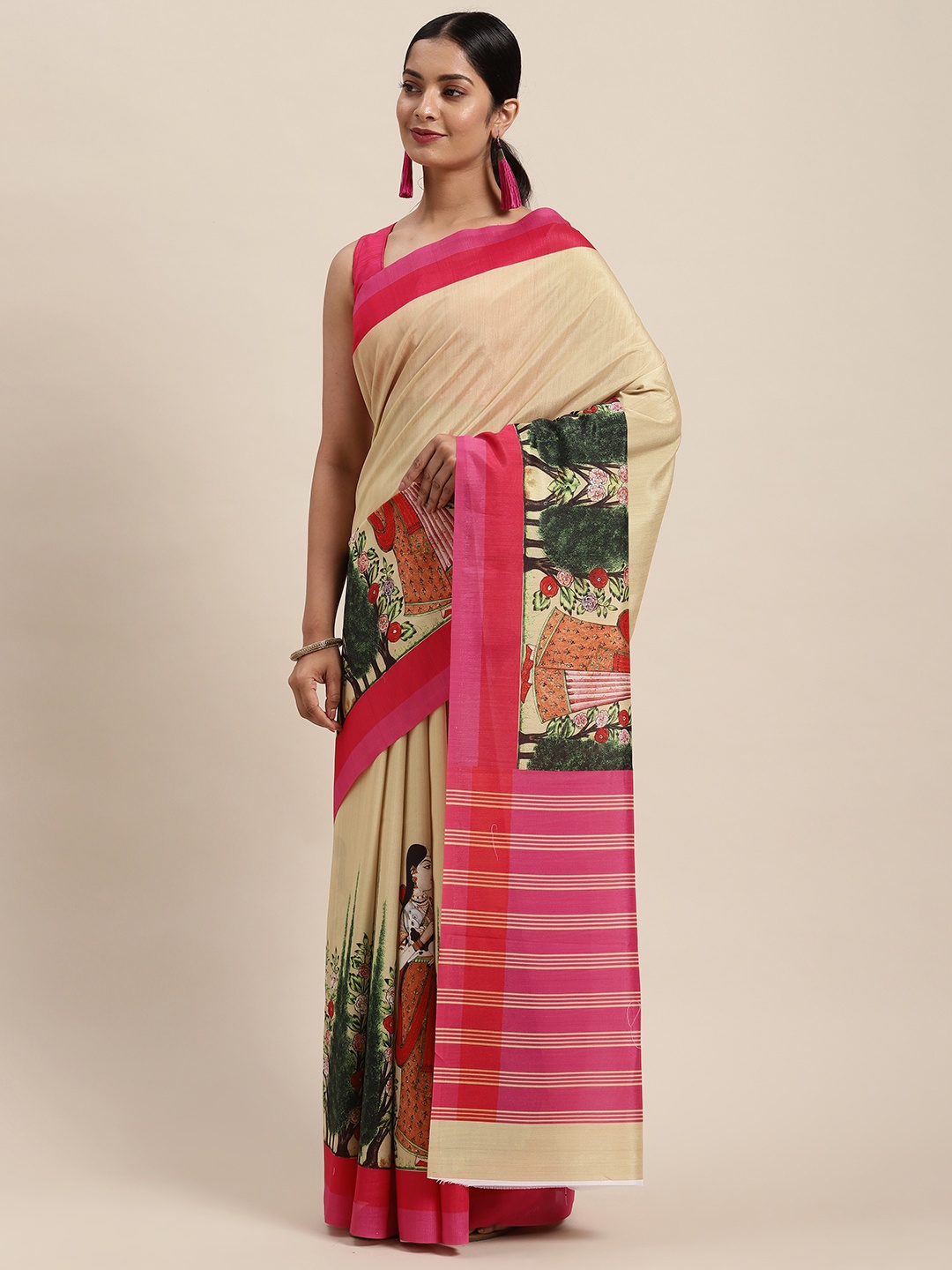 

cbazaar Beige & Pink Ethnic Motifs Silk Cotton Saree