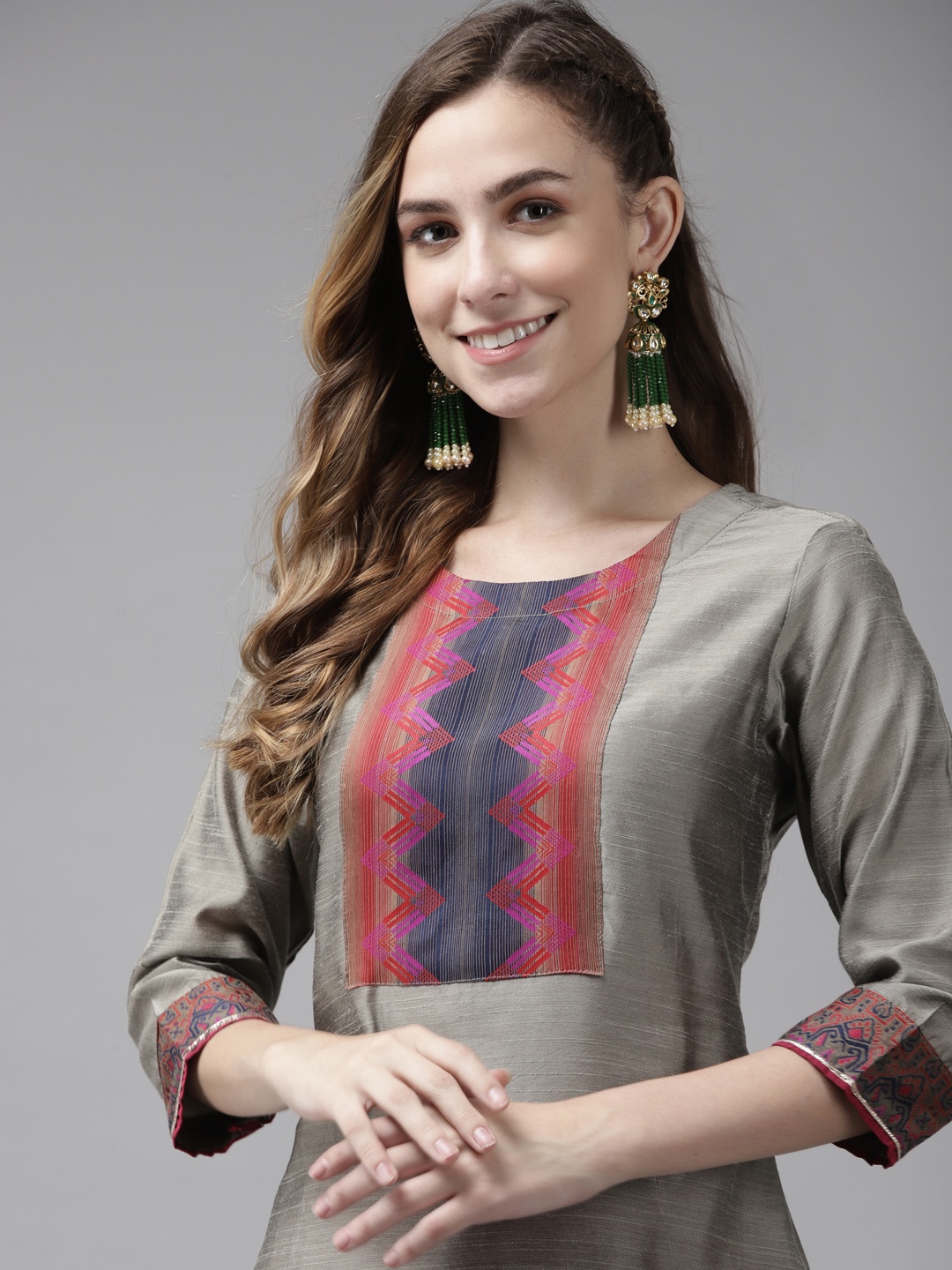 

Indo Era Women Grey Chevron Yoke Design Chanderi Silk Chanderi Silk Kurta