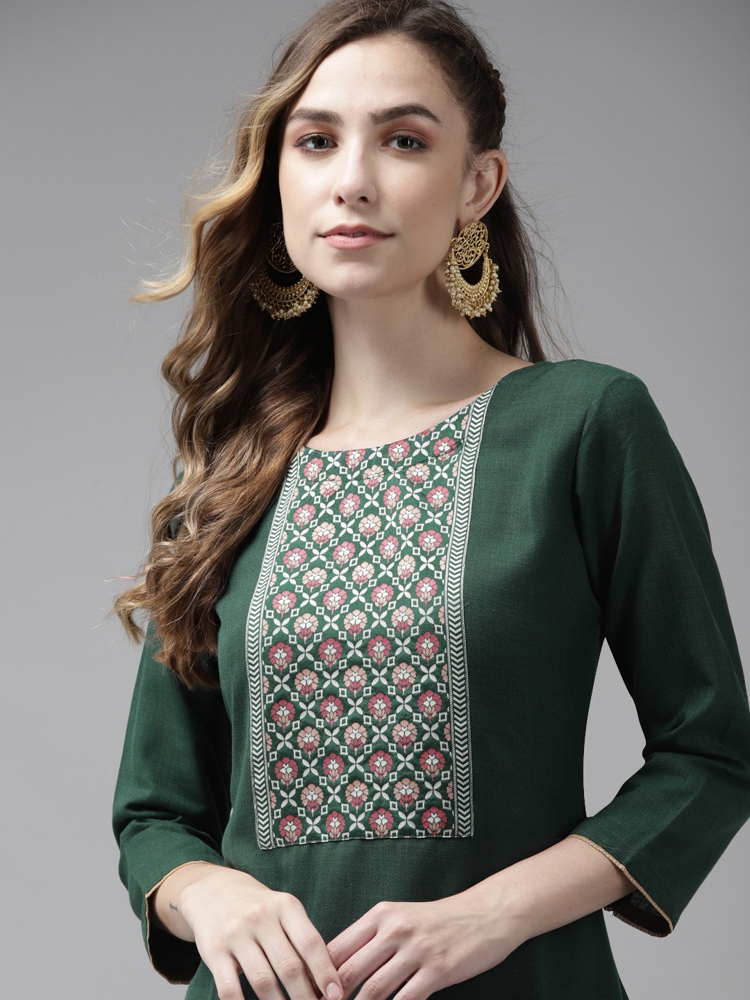 

Indo Era Women Green Floral Yoke Design Kurta