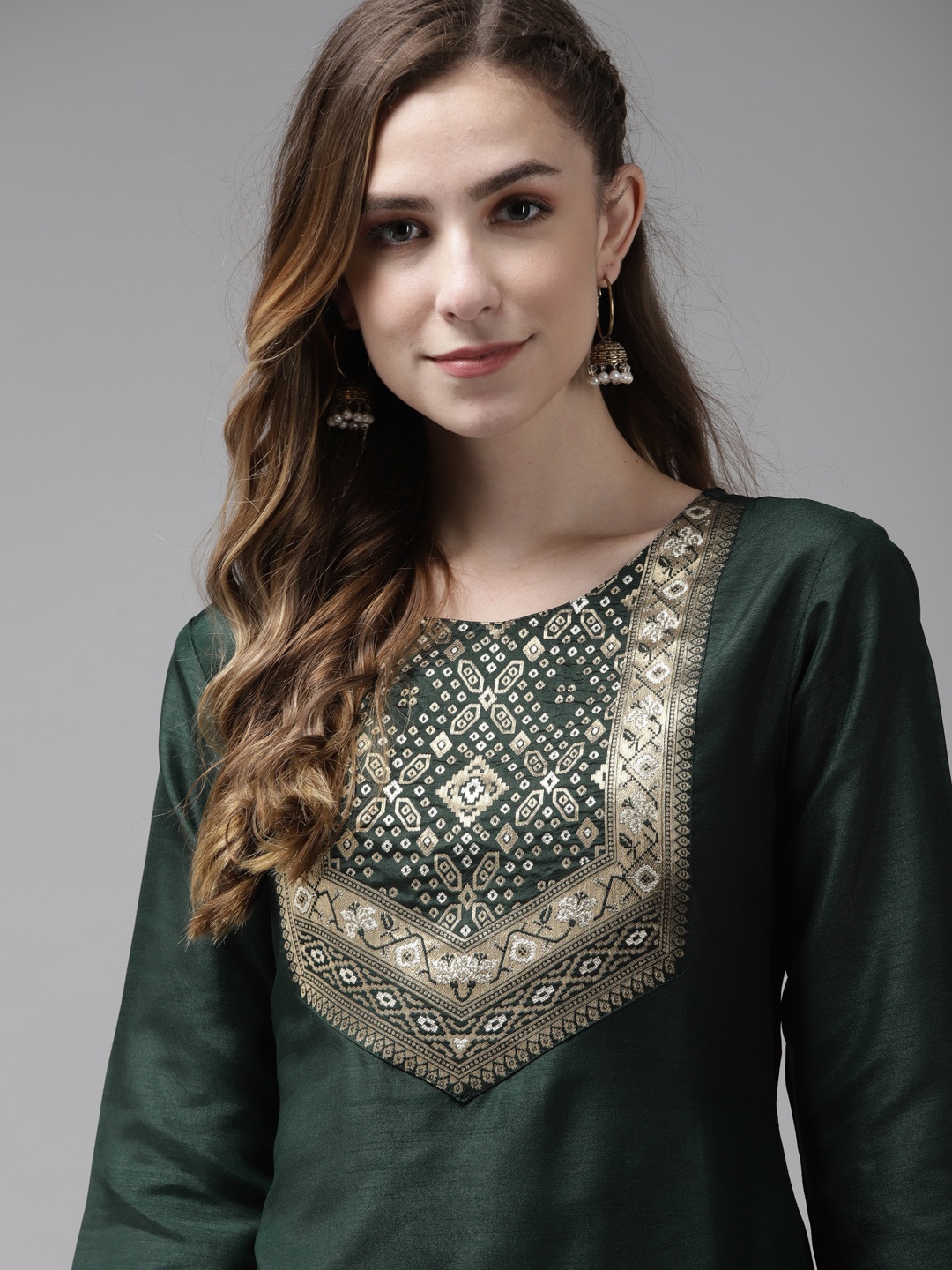 

Indo Era Women Green Ethnic Motifs Yoke Design Kurta