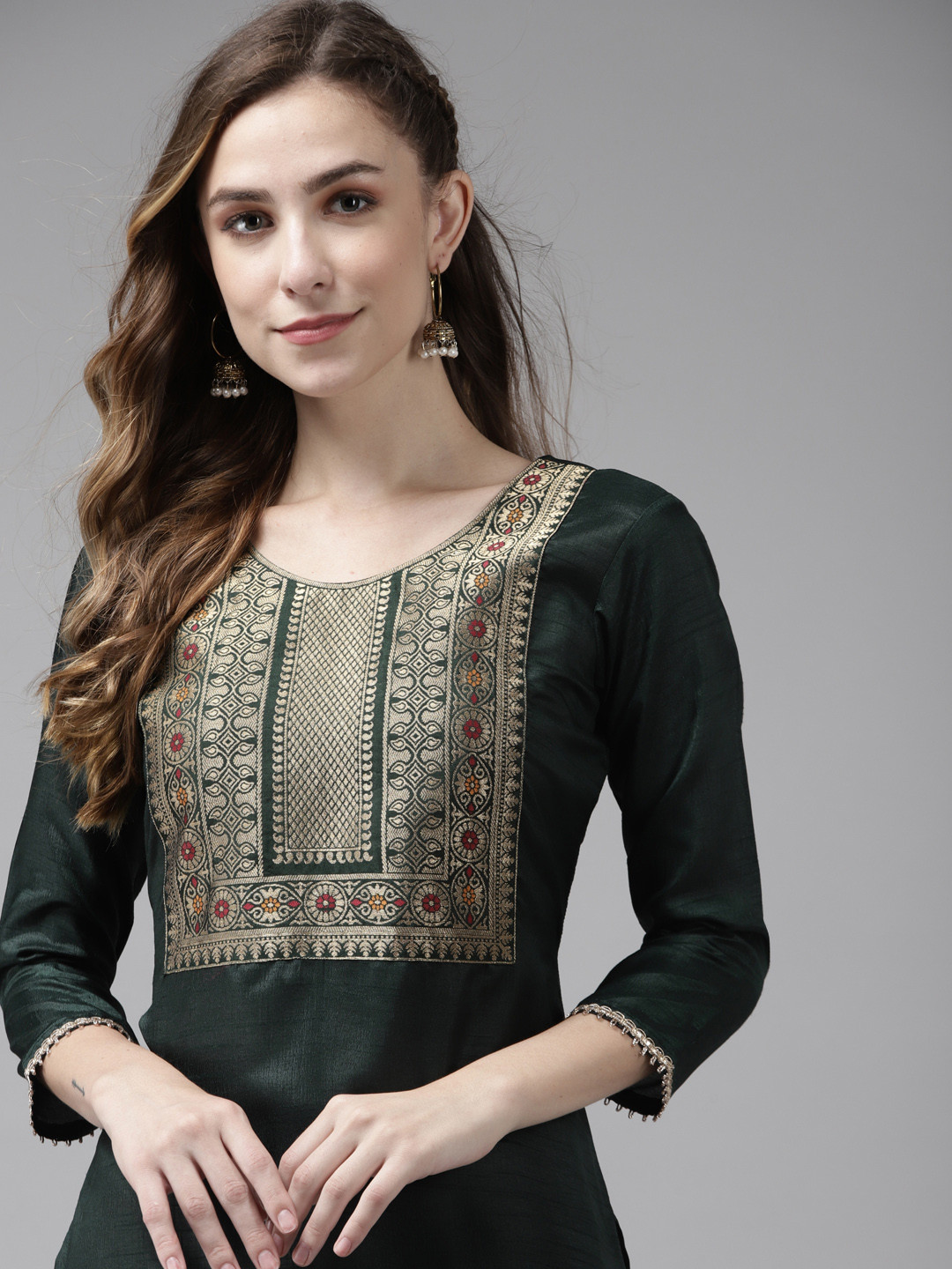 

Indo Era Women Green Floral Yoke Design Kurta