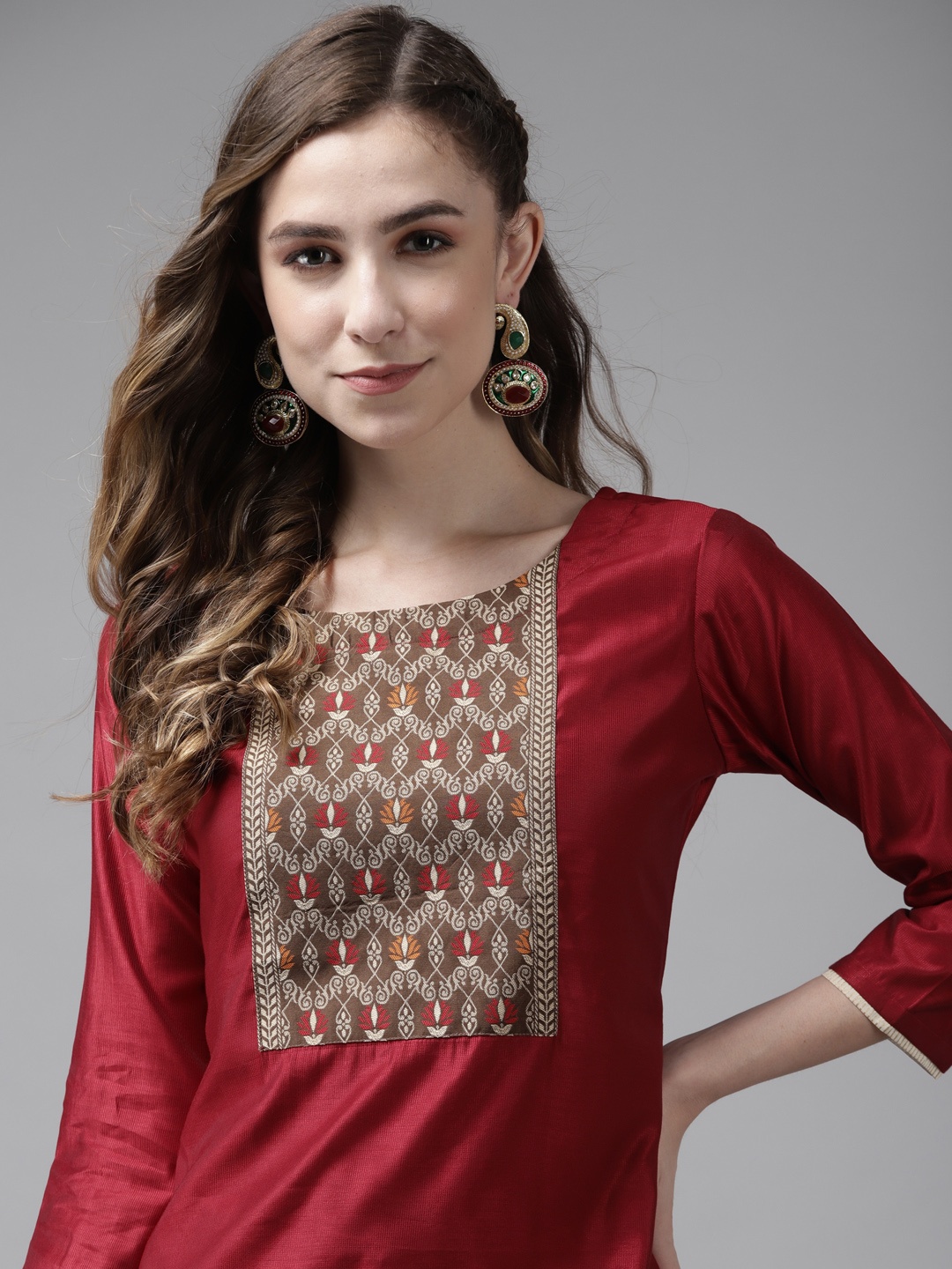 

Indo Era Women Red Floral Yoke Design Liva Kurta