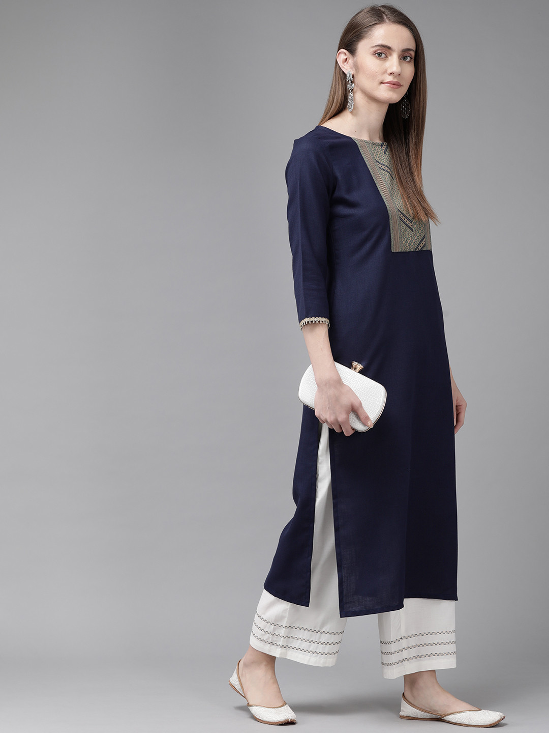

Indo Era Women Navy Blue Geometric Yoke Design Kurta