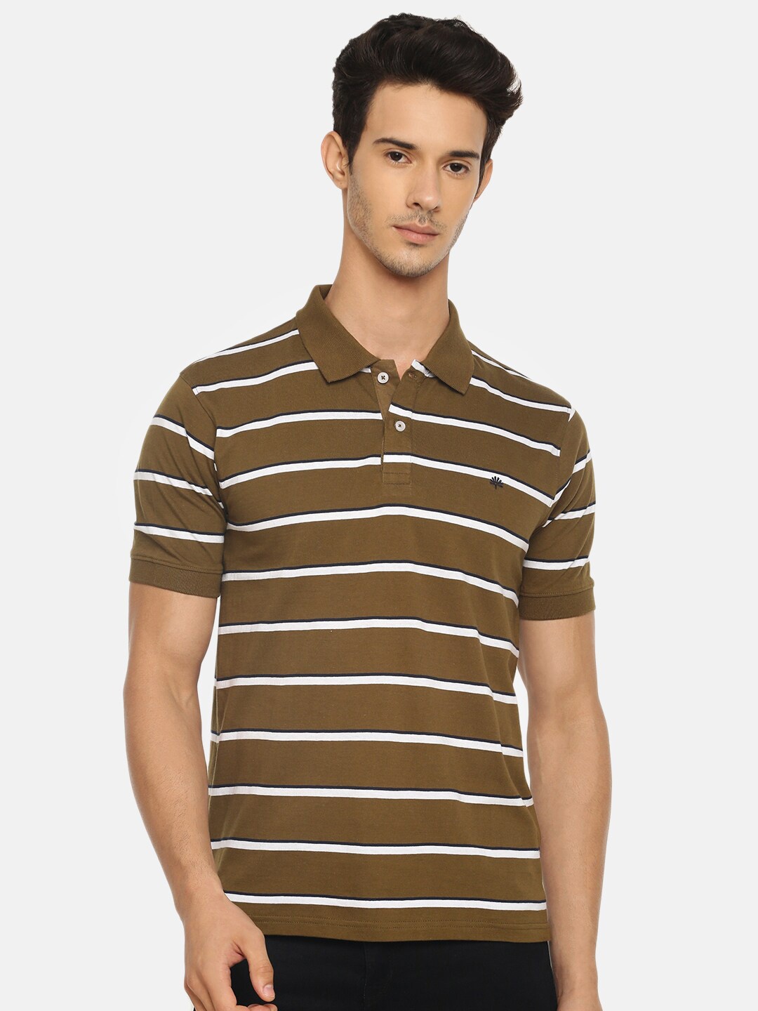 

Chennis Men Green Striped Polo Collar Pockets Slim Fit T-shirt
