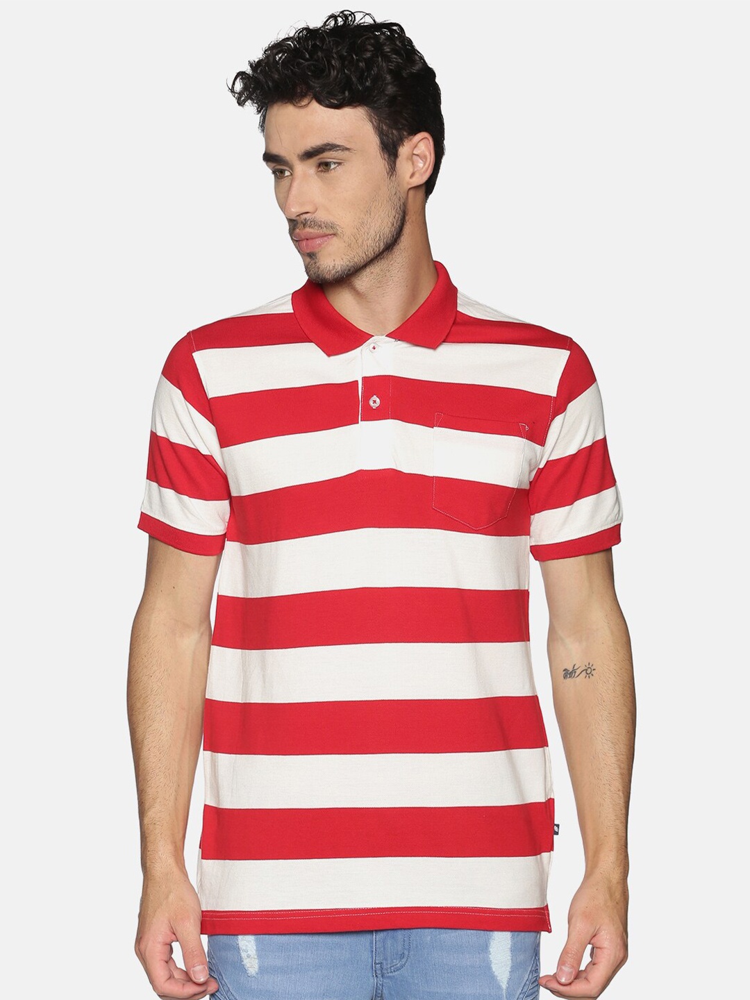 

Chennis Men White Striped Polo Collar Pockets Slim Fit T-shirt