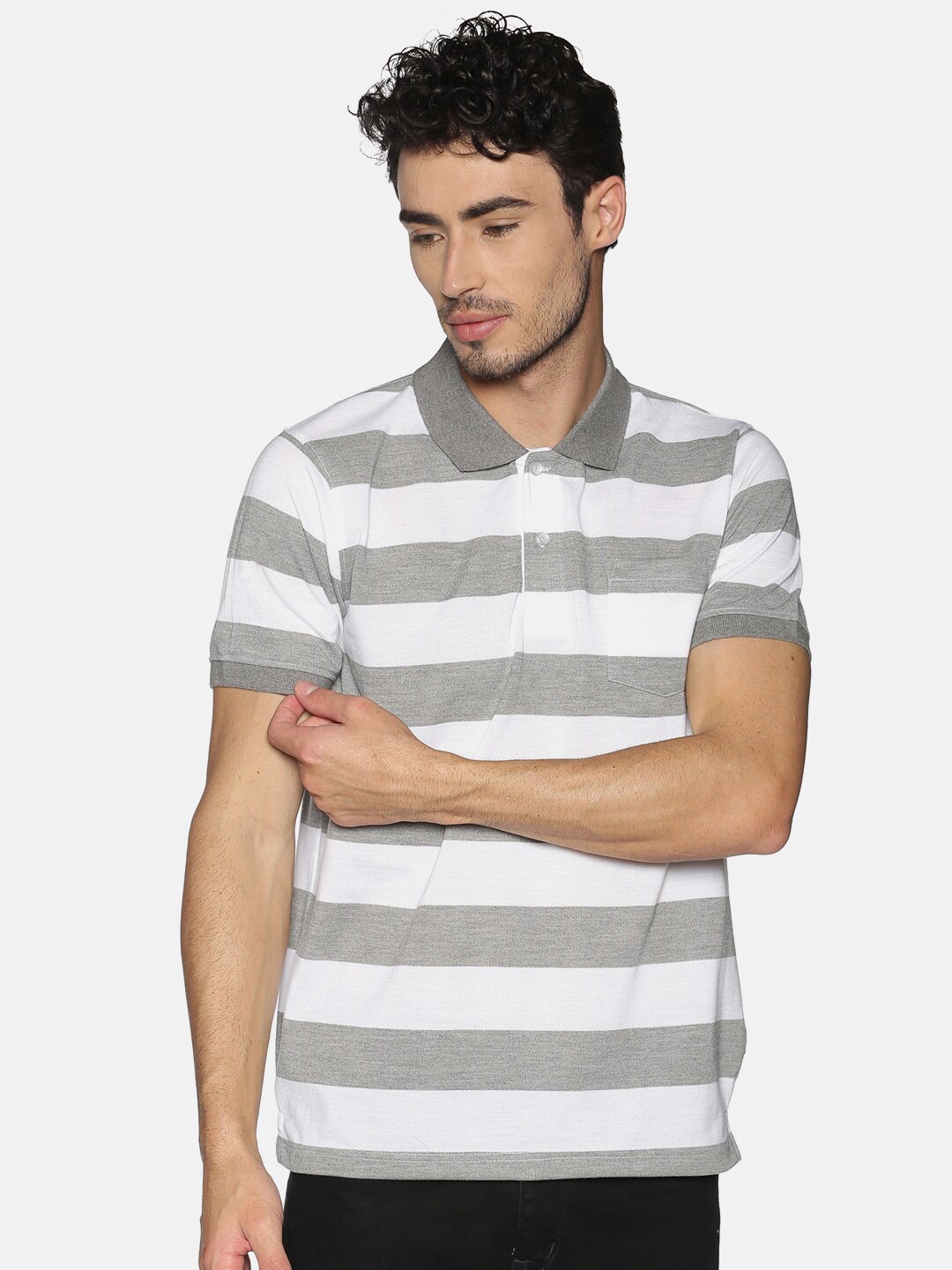 

Chennis Men White Striped Polo Collar Pockets Slim Fit T-shirt
