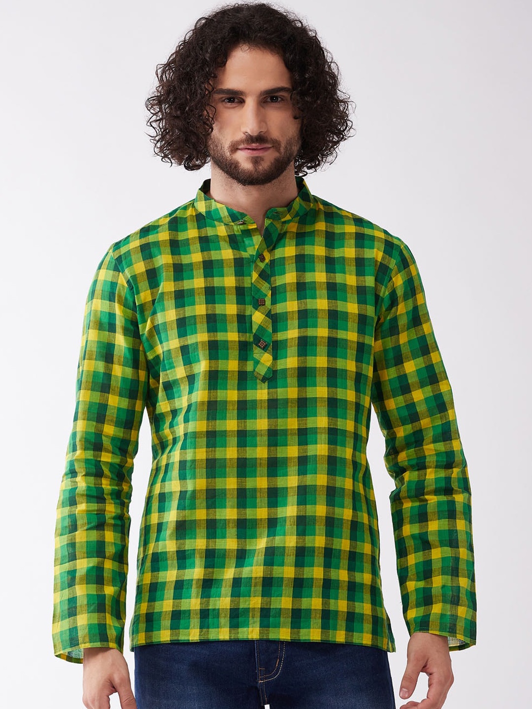 

VASTRAMAY Men Green Checked Thread Work Handloom Kurta