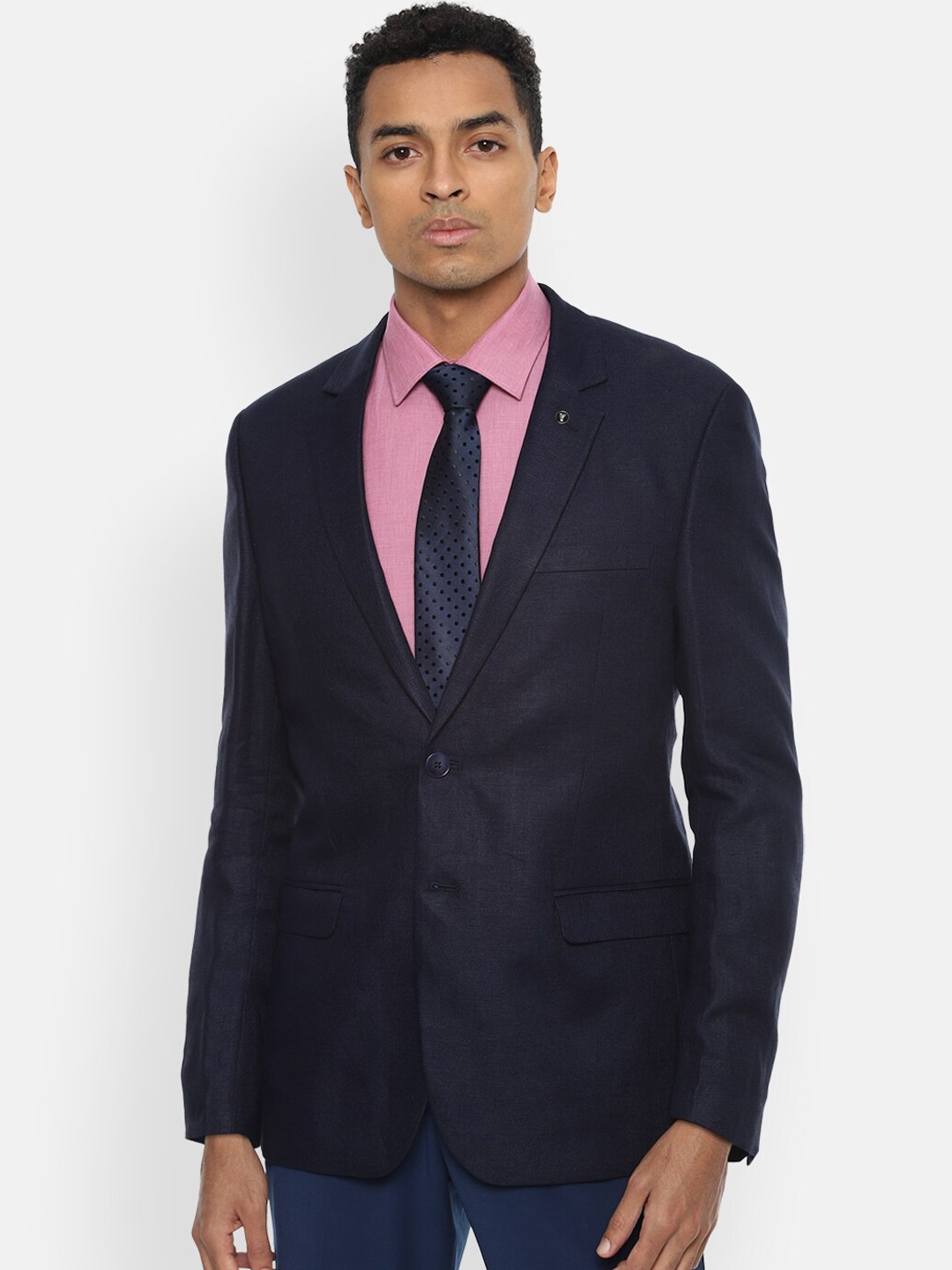 

Van Heusen Men Navy Blue Solid Pure Linen Single Breasted Blazer