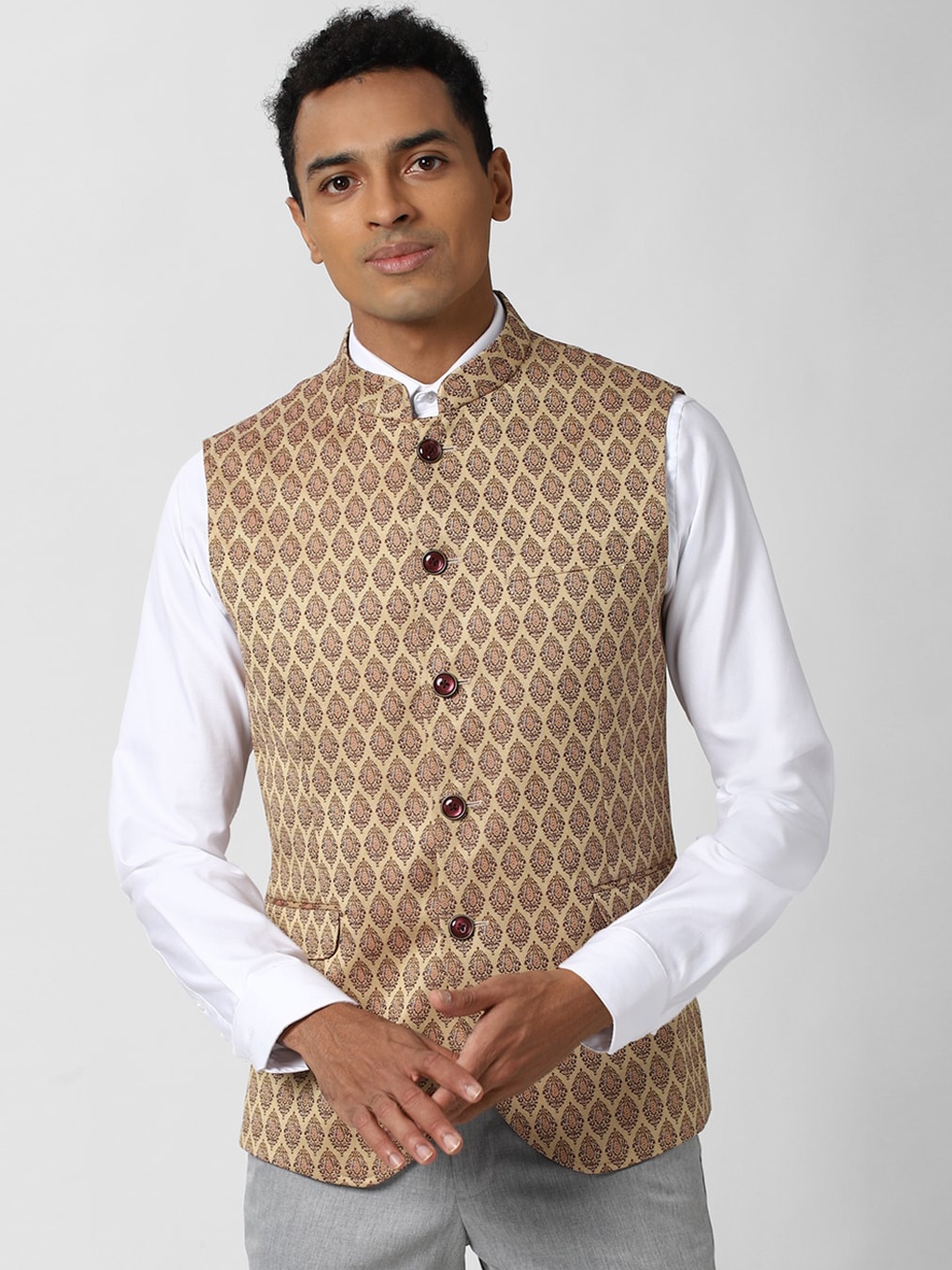 

Peter England Elite Beige Printed Nehru Jacket
