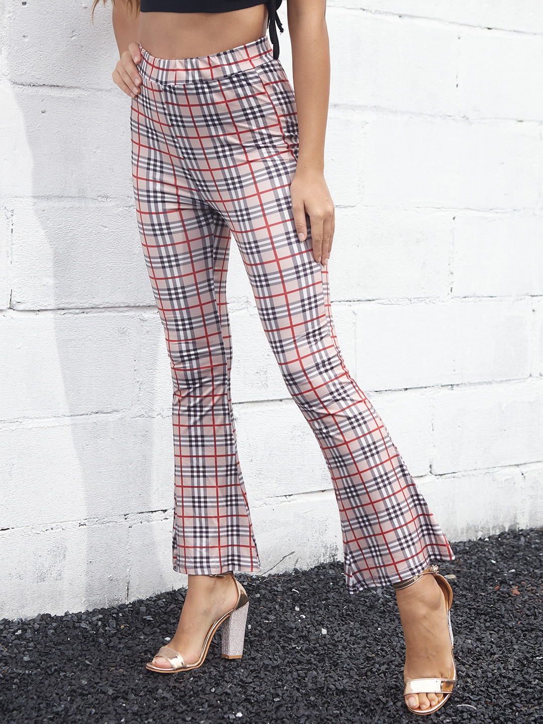 

URBANIC Women Pink & White Checked Slim Fit High-Rise Treggings
