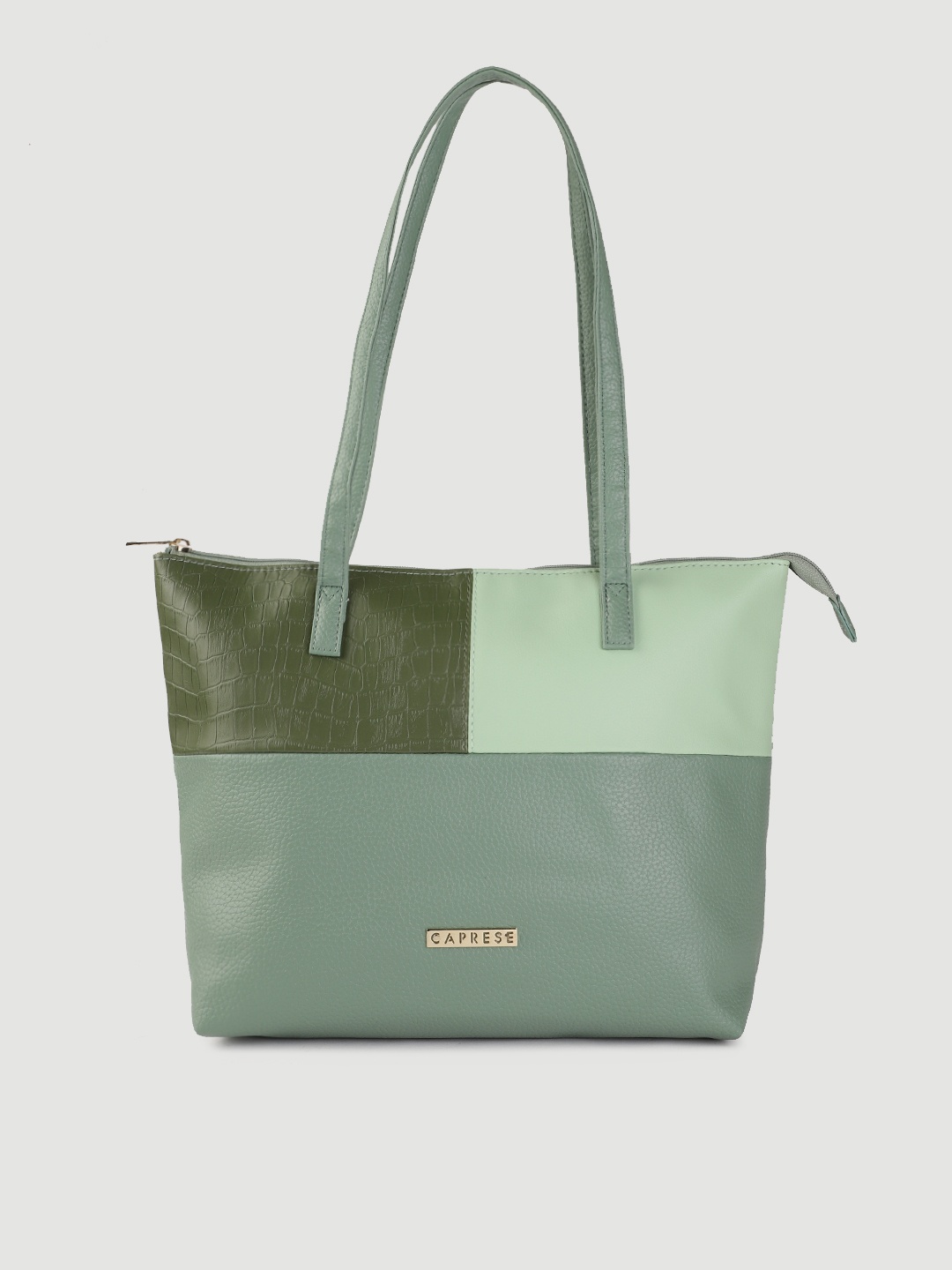 

Caprese Sea Green Colourblocked Structured Shoulder Bag with Croc Textured Detail