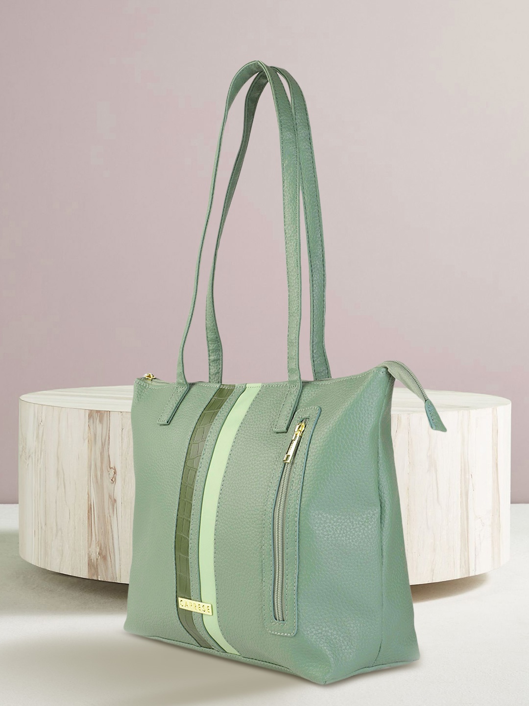 

Caprese Sea Green Solid Structured Shoulder Bag with Croc Textured Striped Detail