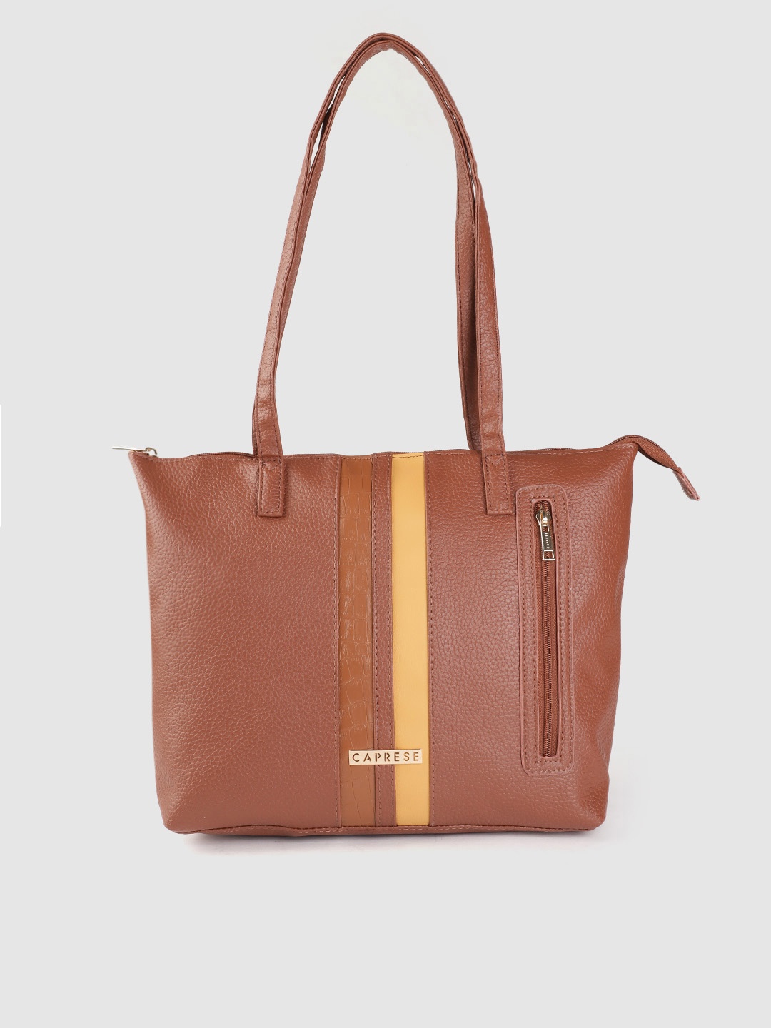 

Caprese Brown Solid Structured Shoulder Bag with Croc Textured Striped Detail