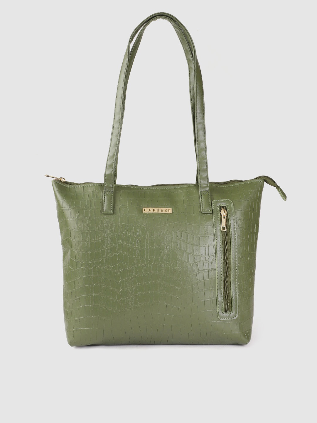 

Caprese Olive Green Croc Textured Structured Shoulder Bag