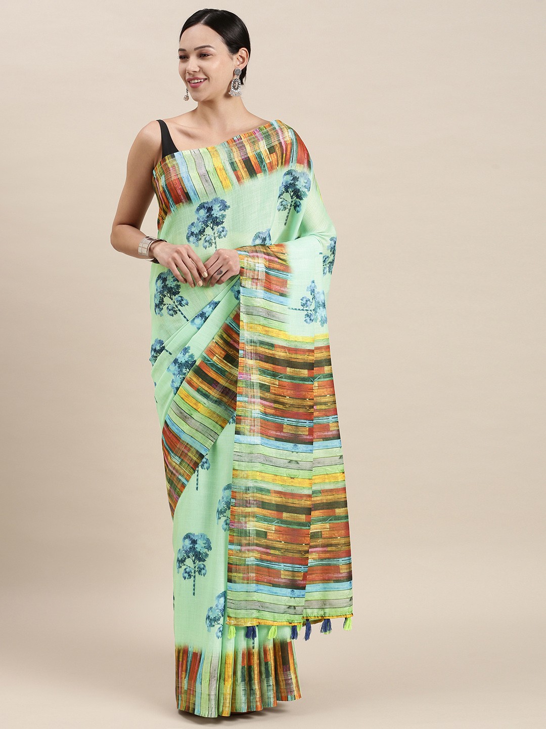 

aamna Blue Floral Linen Blend Ikat Saree