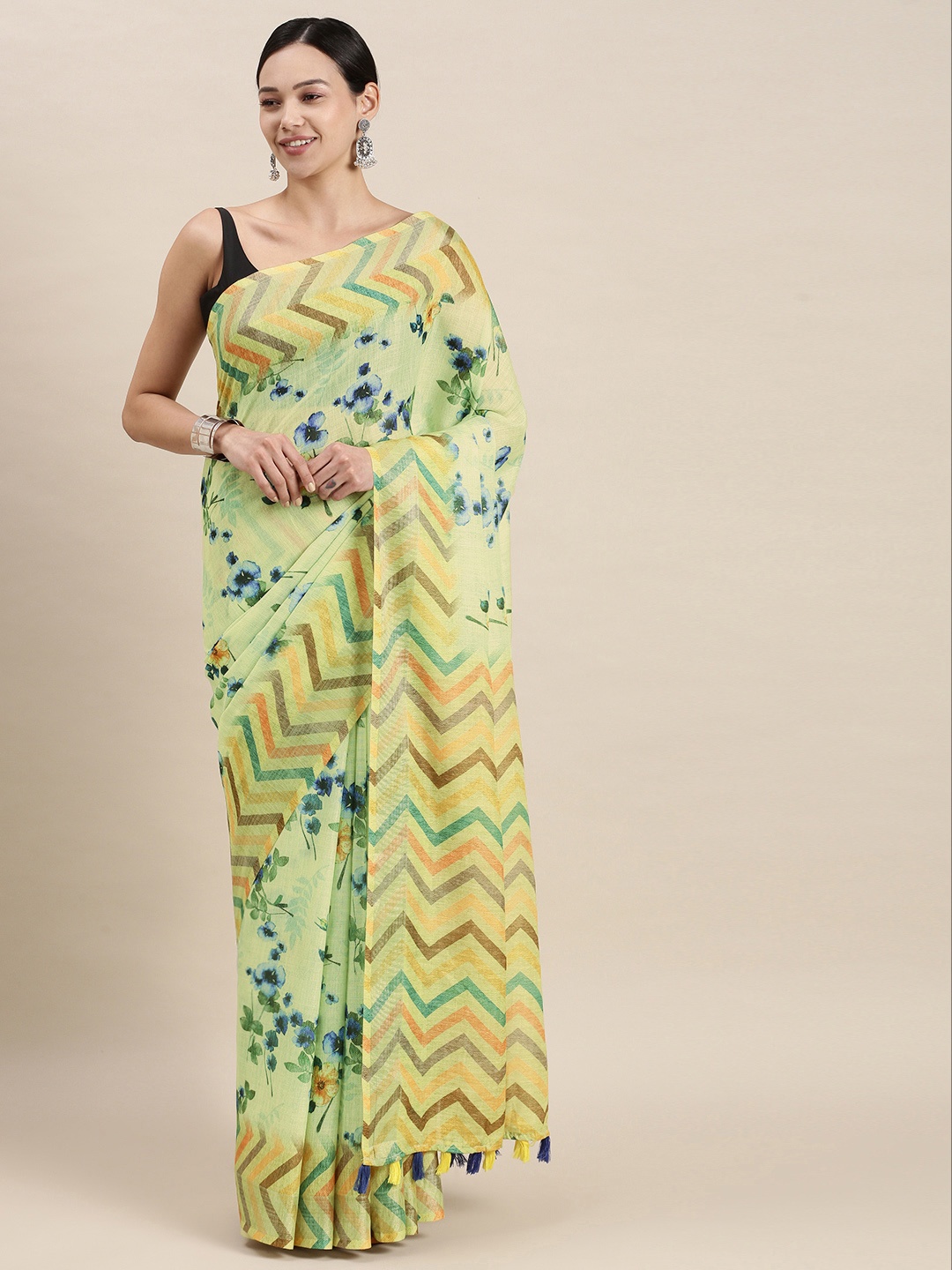 

aamna Yellow Floral Linen Blend Ikat Saree