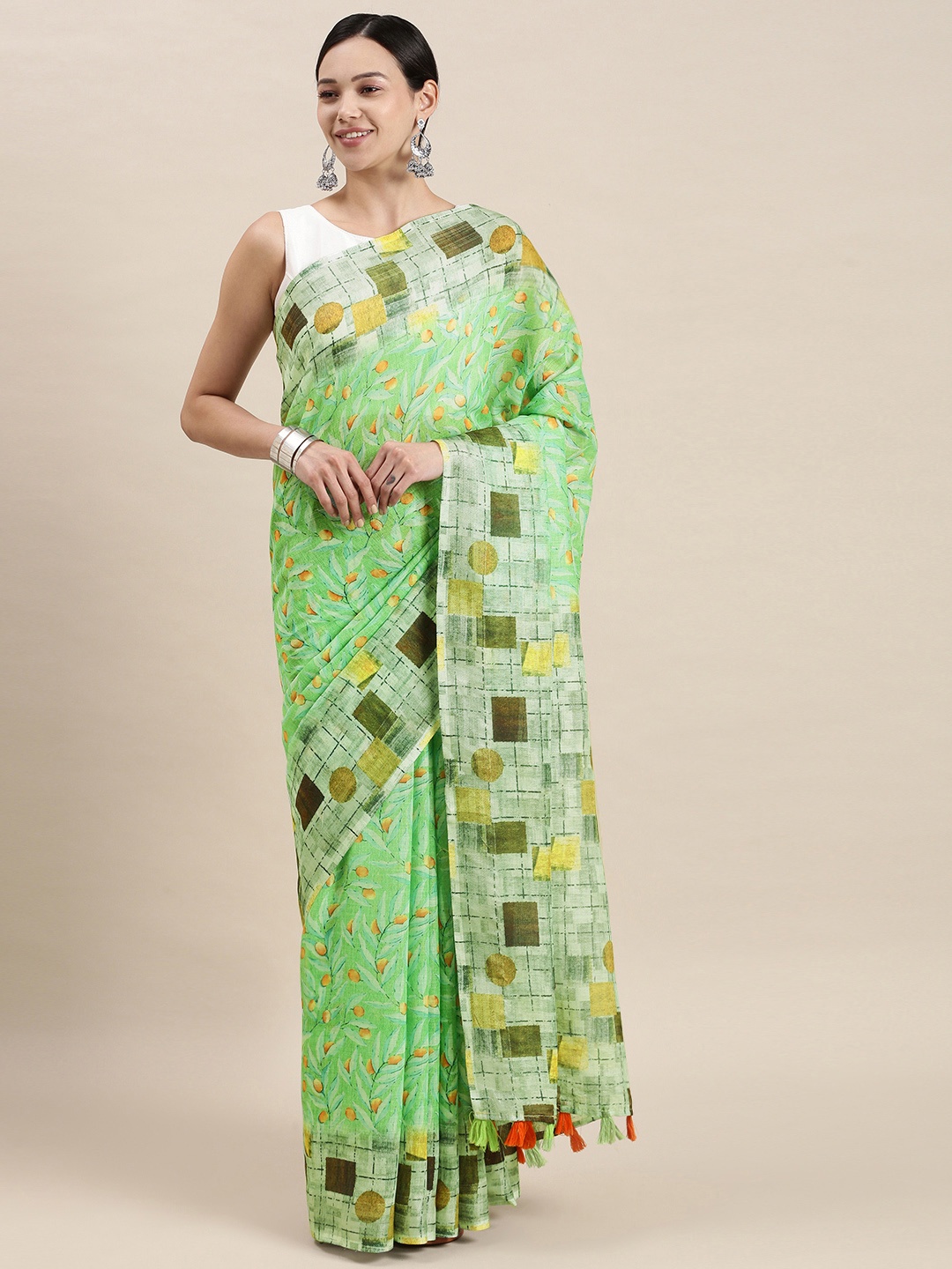 

aamna Green Floral Linen Blend Ikat Saree