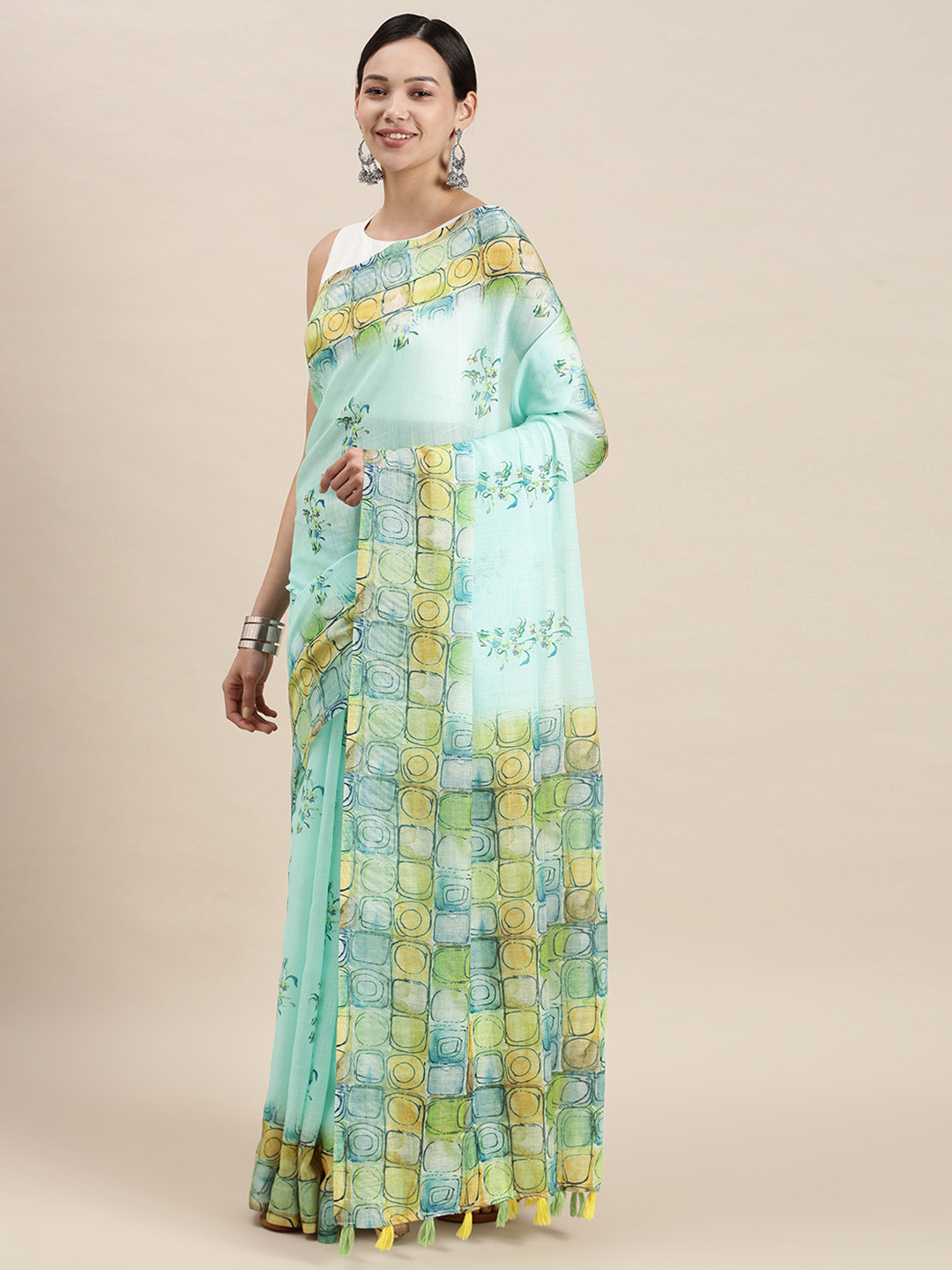 

aamna Green Floral Linen Blend Ikat Saree
