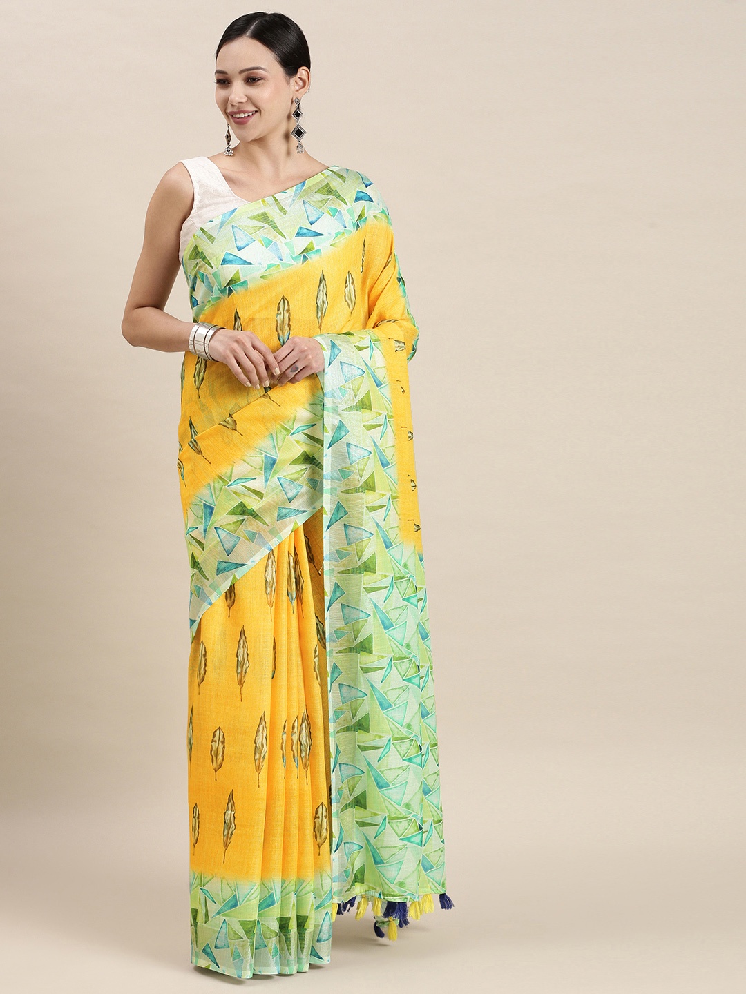 

aamna Yellow & Fluorescent Green Linen Blend Ikat Saree