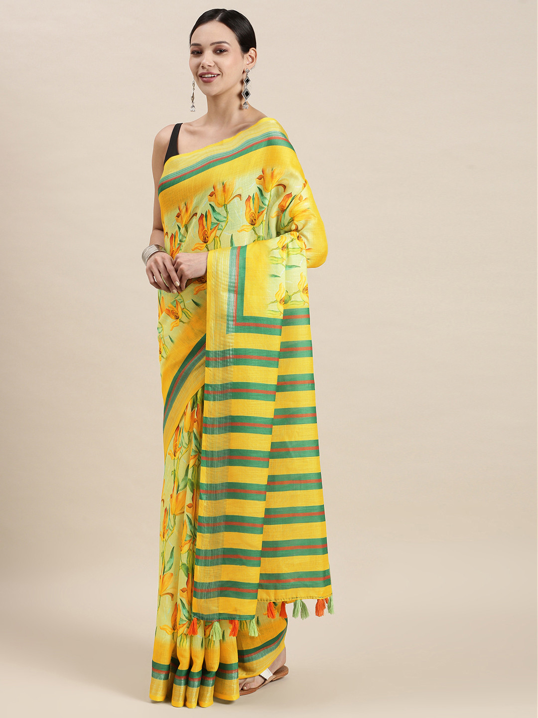 

aamna Yellow Floral Linen Blend Ikat Saree