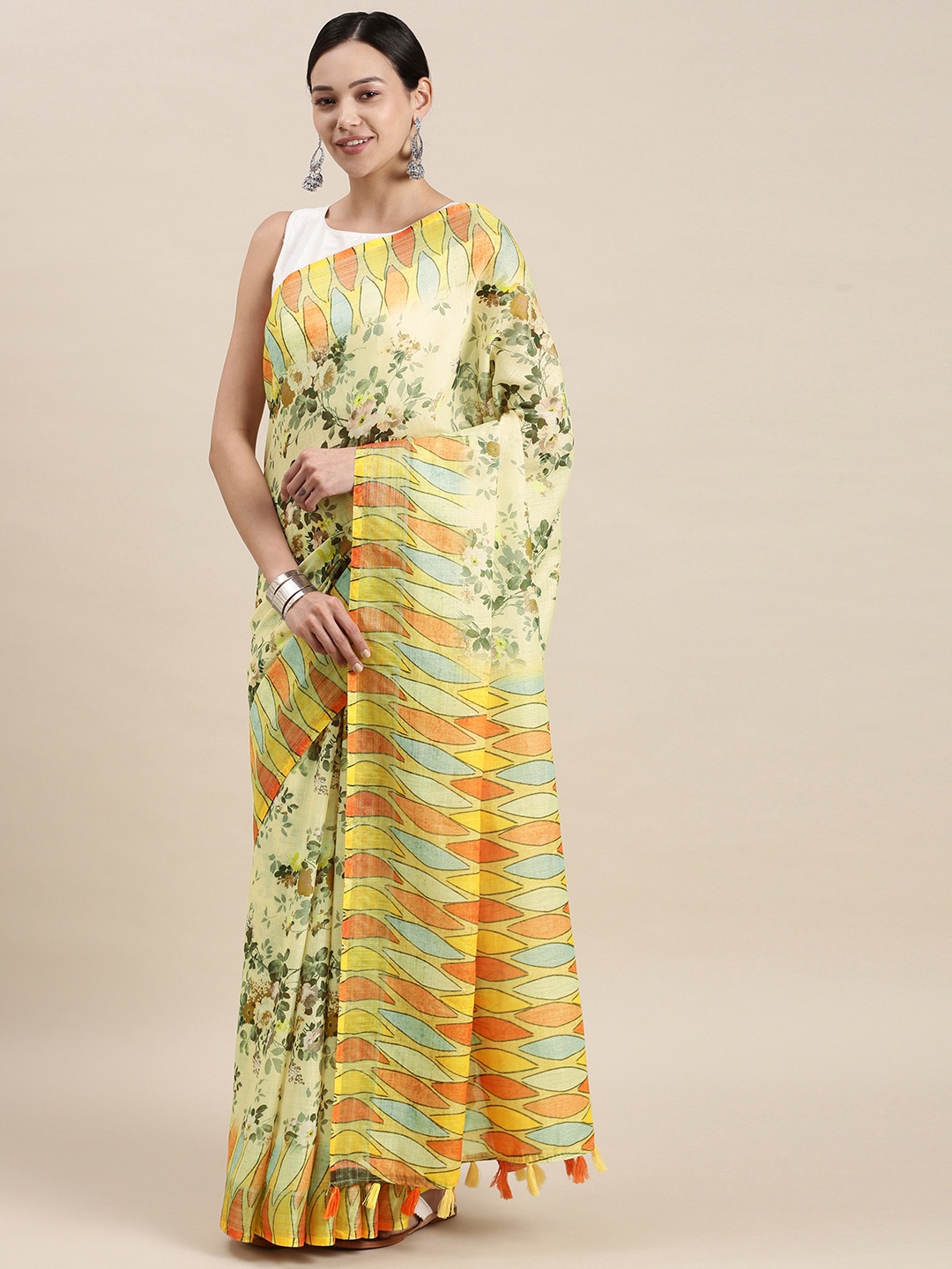 

aamna Yellow & Green Floral Linen Blend Ikat Saree