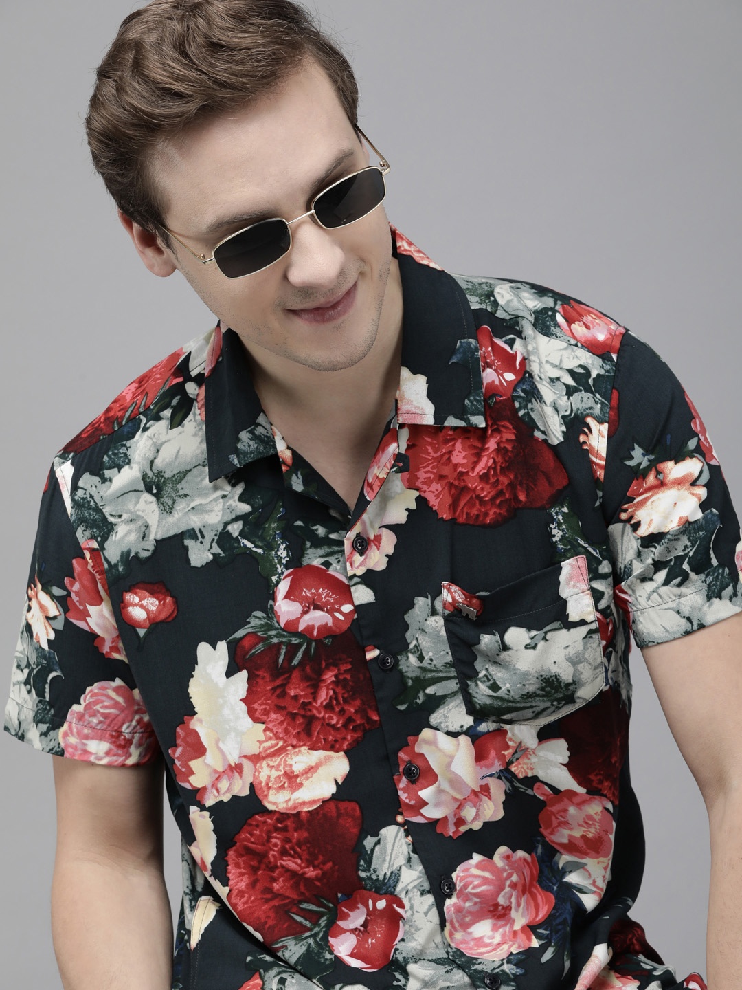 

THE BEAR HOUSE Men Navy Blue Slim Fit Floral Printed Casual Shirt