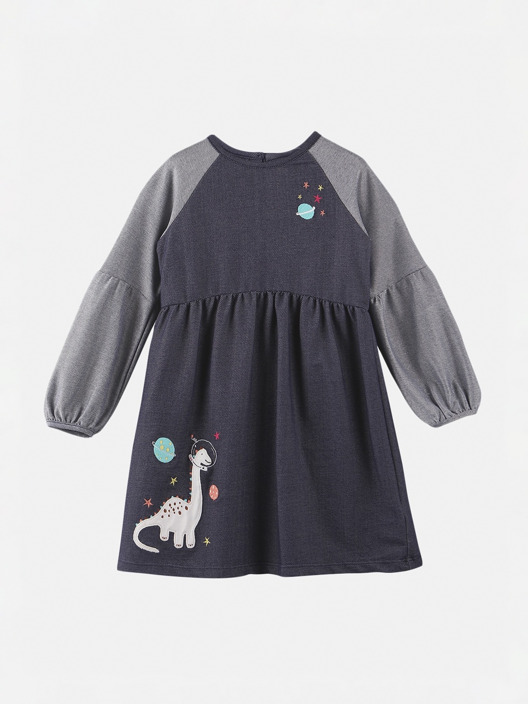 

Beebay Navy Blue & Grey Round Neck Applique A-Line Dress