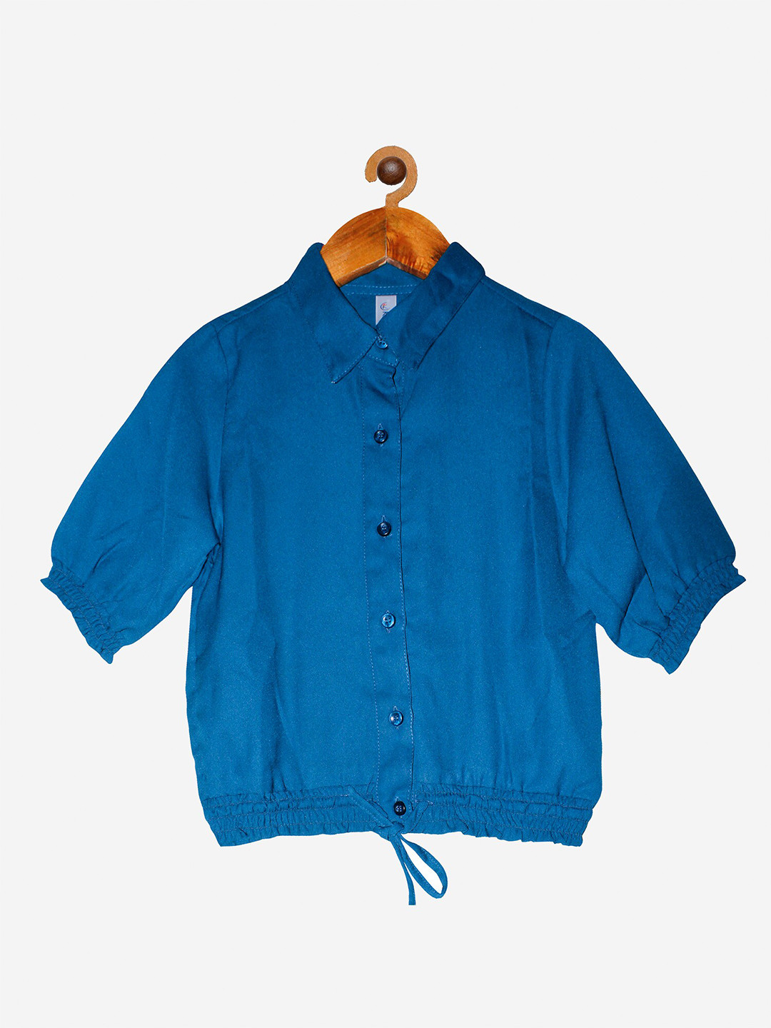 

KiddoPanti Teal Georgette Smocked Tie Up Shirt Style Top