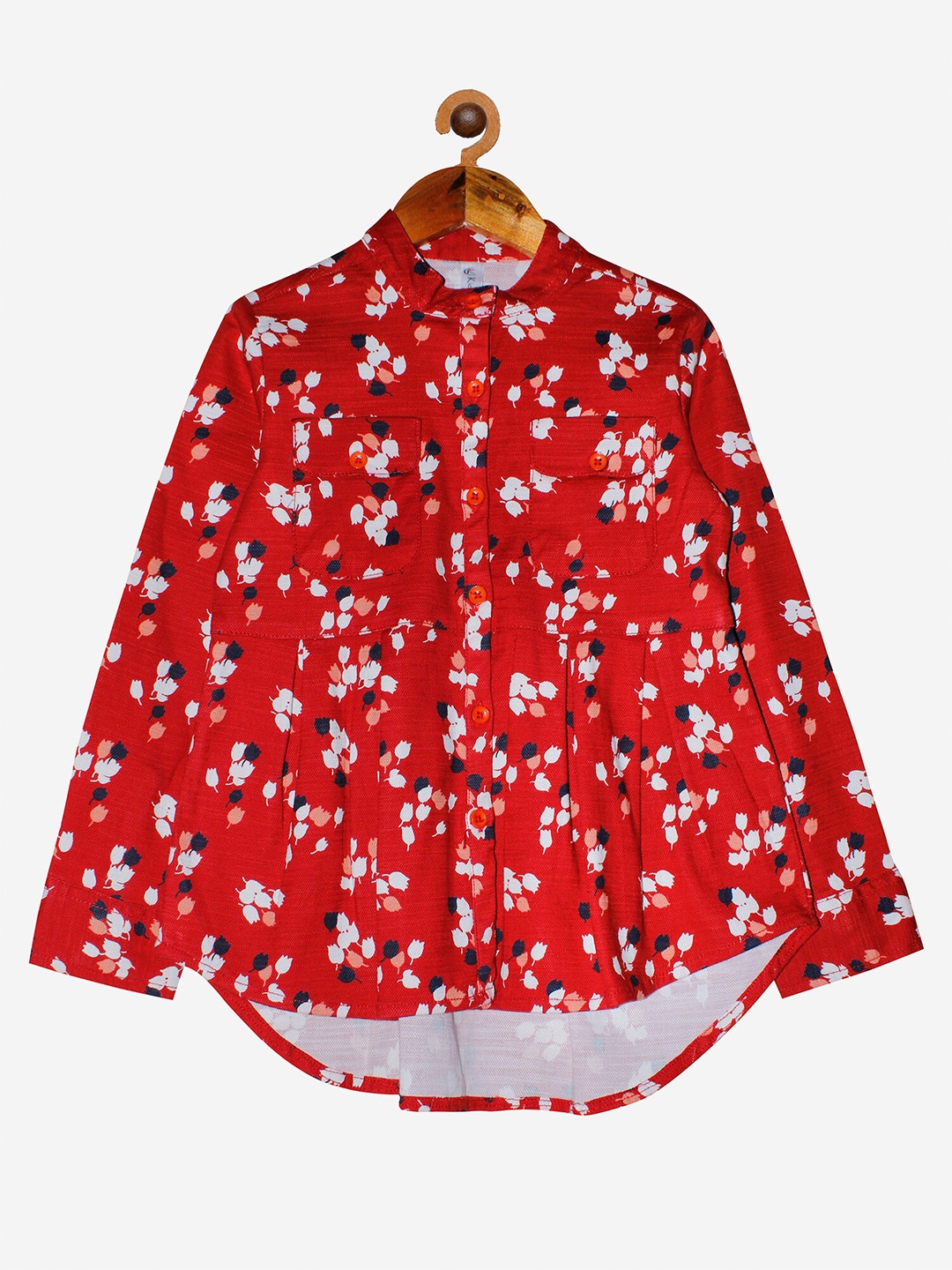 

KiddoPanti Red Floral Mandarin Collar Regular Top