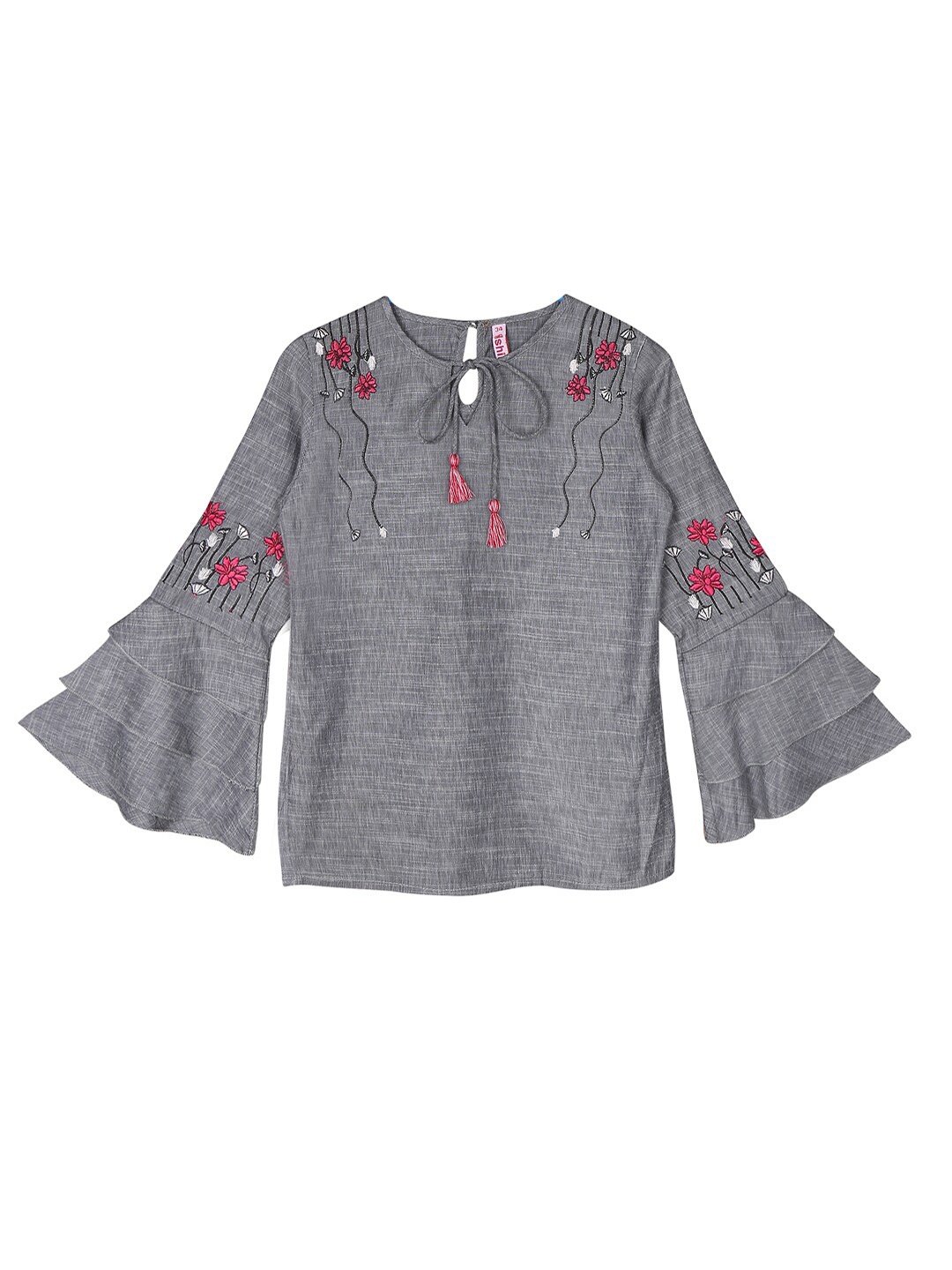 

Ishin Grey Floral Embroidered Tie-Up Neck Regular Top