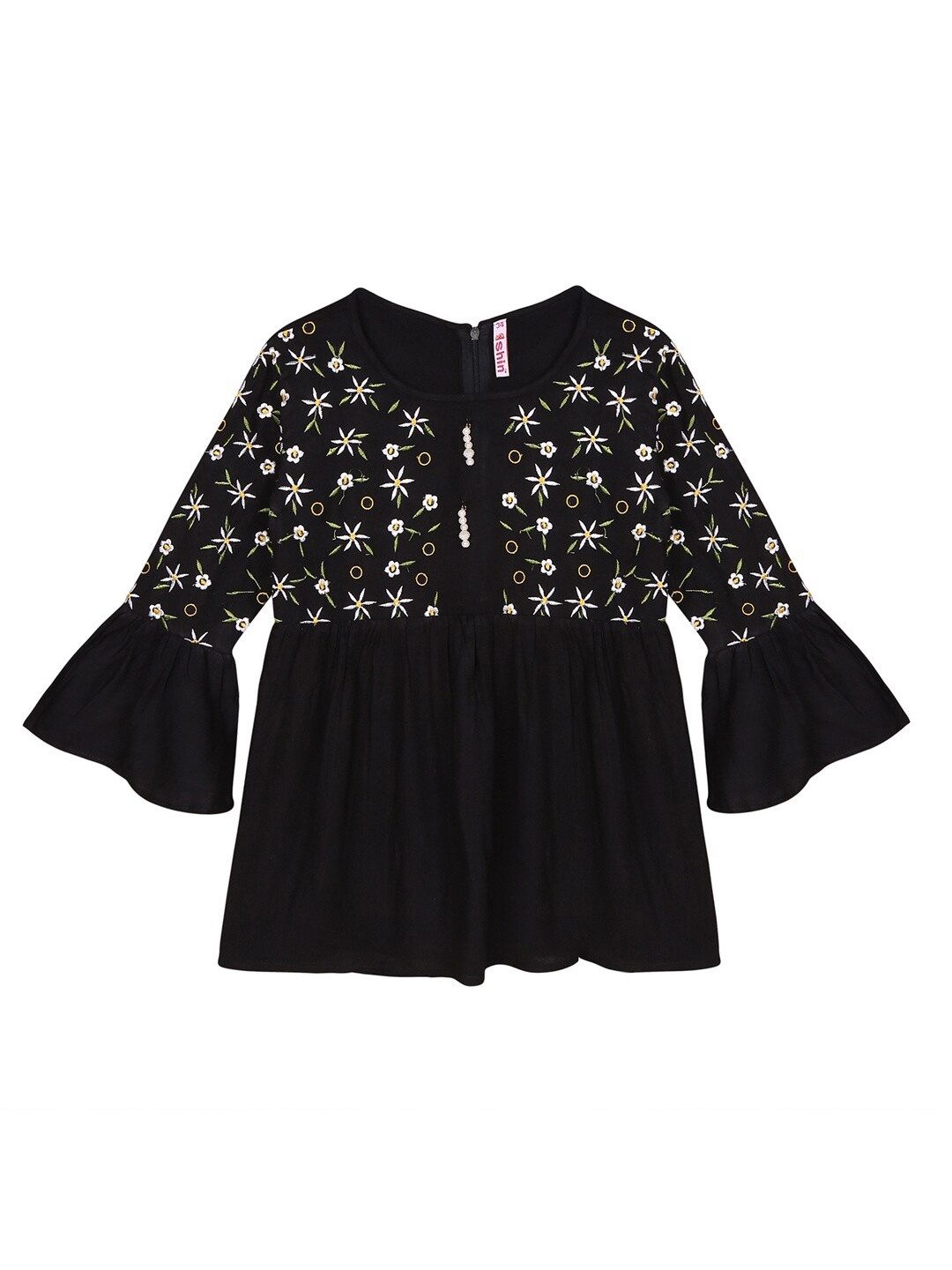 

Ishin Black Floral Embroidered A-Line Top