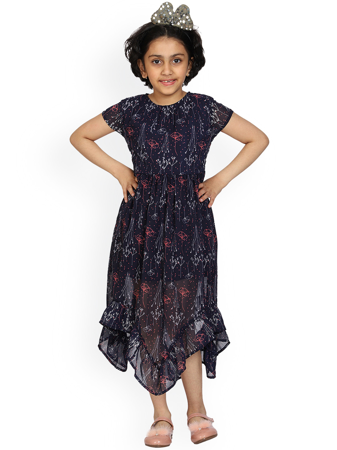 

KiddoPanti Navy Blue Floral Georgette Dress