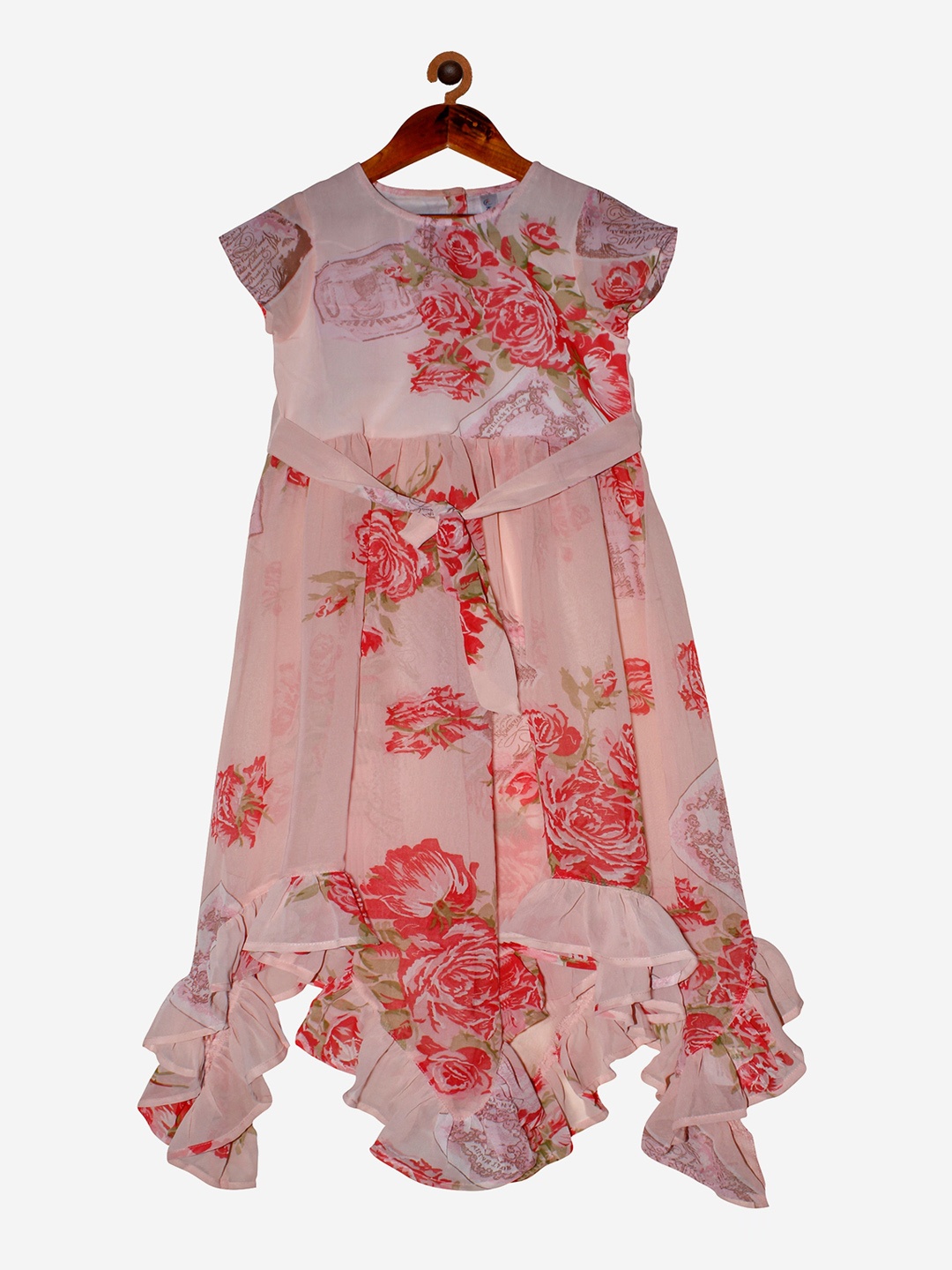 

KiddoPanti Peach-Coloured Floral Georgette A-Line Dress