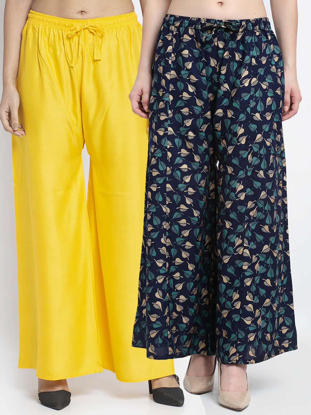 

GRACIT Women Pack of 2 Printed Knitted Ethnic Palazzos, Yellow