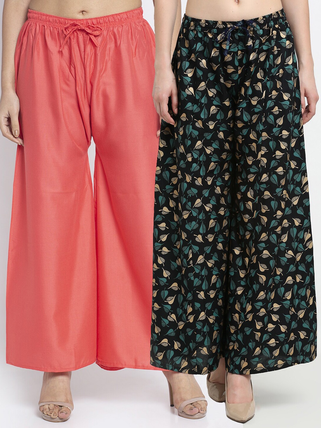 

GRACIT Women Pack of 2 Orange & Gold-Toned Floral Printed Flared Palazzos