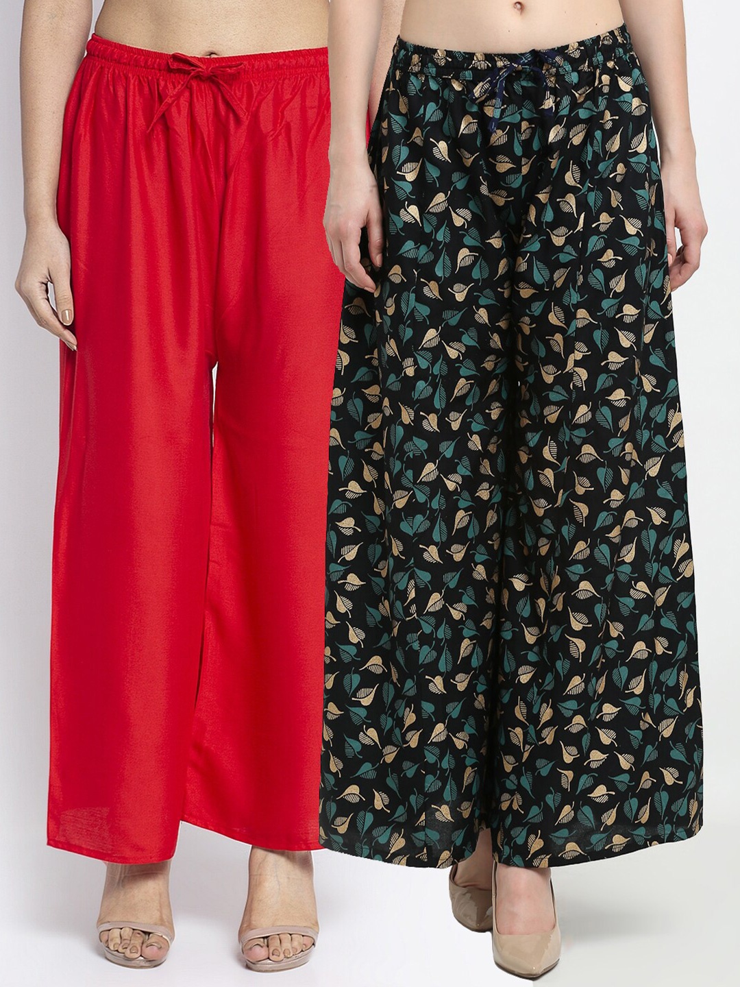 

GRACIT Women Pack Of 2 Red & Black Printed Flared Knitted Ethnic Palazzos