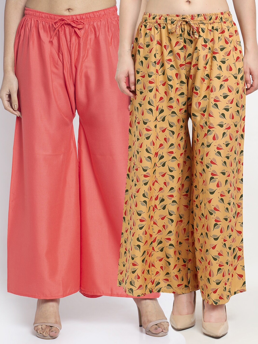 

GRACIT Women Beige & Coral Printed & Plain Pack of 2 Palazzos