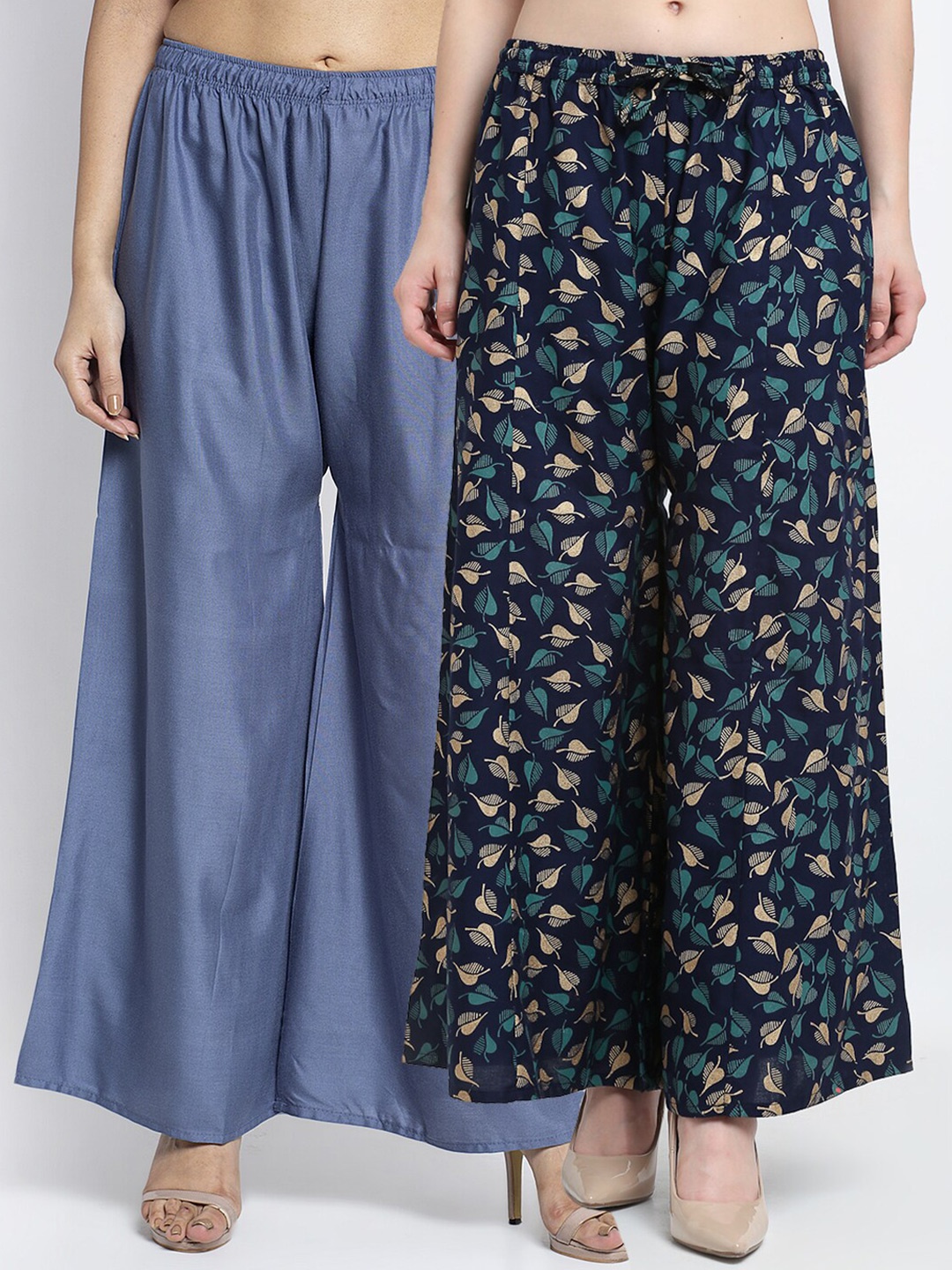 

GRACIT Women Pack of 2 Grey & Navy Blue Floral Printed Flared Palazzos