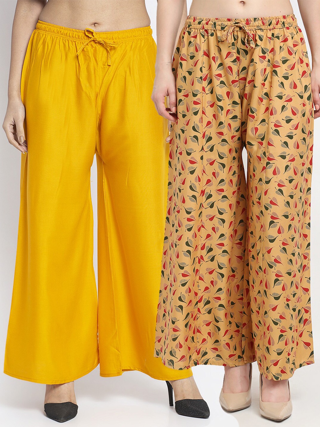 

GRACIT Women Pack of 2 Printed Knitted Ethnic Palazzos, Yellow