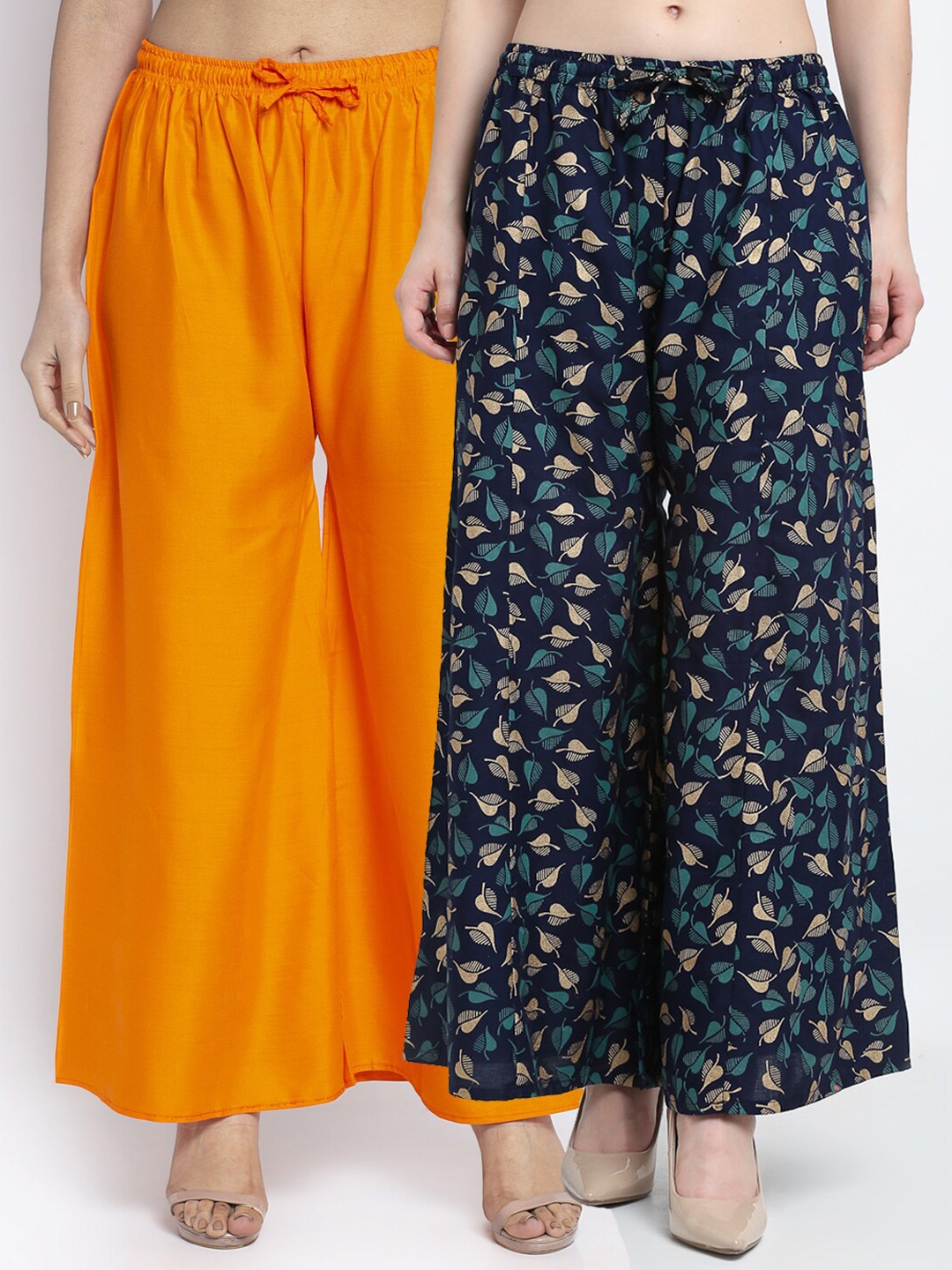 

GRACIT Women Pack Of 2 Orange & Navy Blue Printed Flared Palazzos